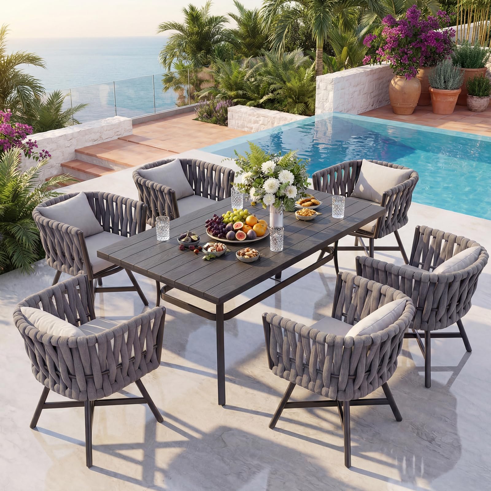 Grand patio 7-Piece Outdoor Dining Set for 6, Patio Dining Furniture Set for 6 Swivel Rope Wicker Chairs & 1 Bent Legs Rectangular Dining Faux Woodgrain Table with Umbrella Hole, Light