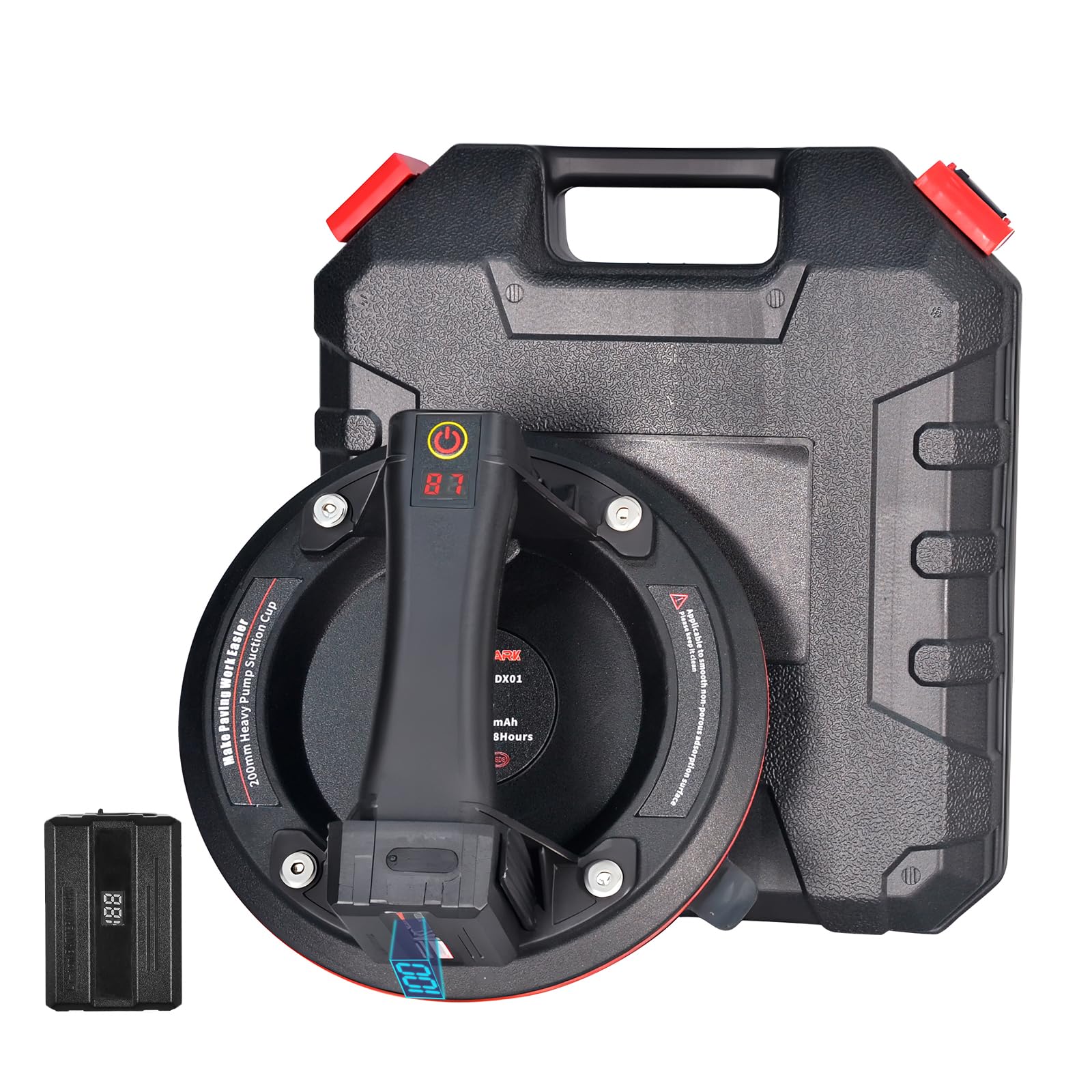 Electric Vacuum Suction Cup Lifter 8"-600lbs Max Load-Digital Display Suction Cups-Monitor And Auto Start Pump-2400mAh Detachable Battery. Suit For Glass, Granite, Tile, Metal, MDF, Windshield Lift