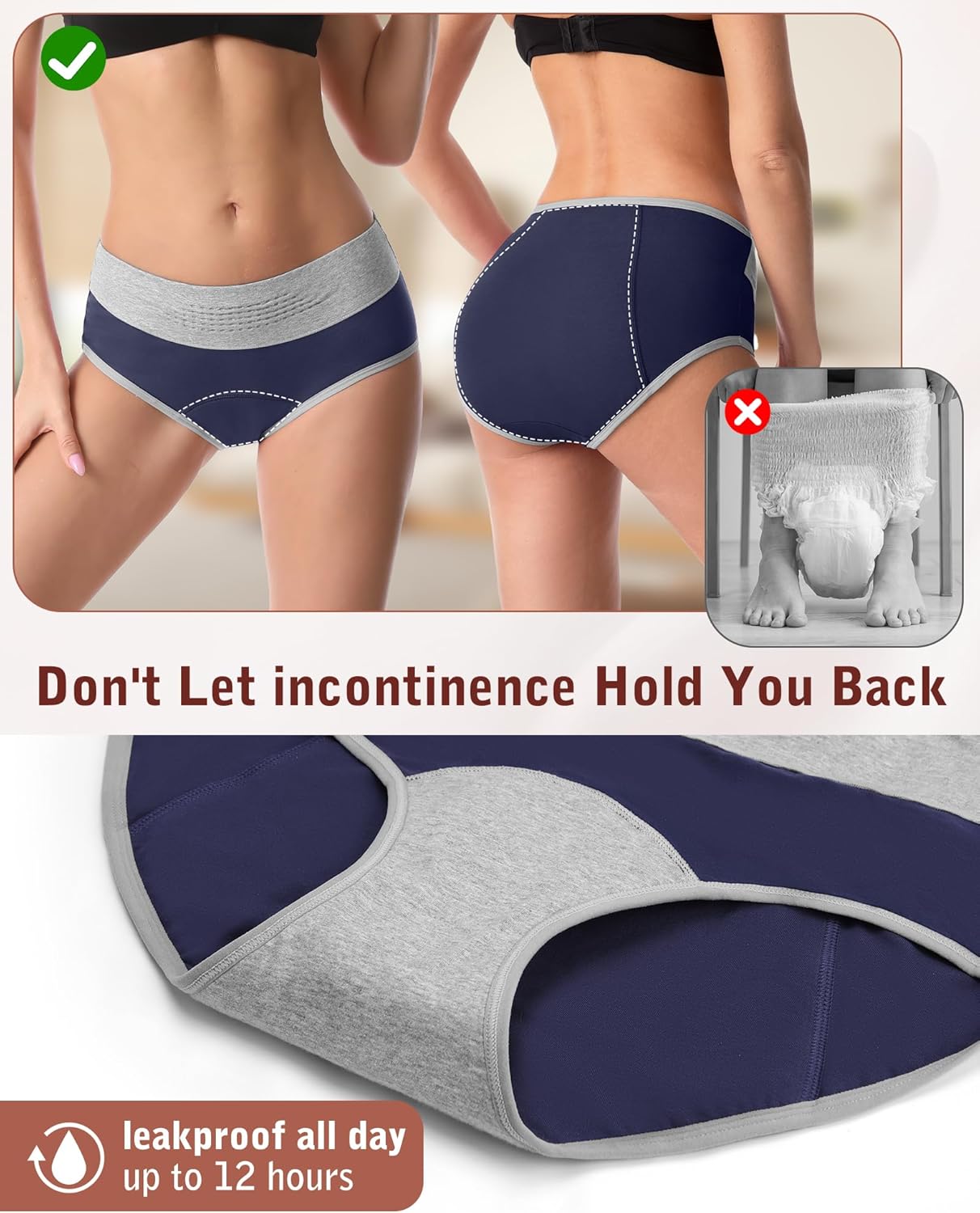 IGOLUMON Incontinence Underwear for Women, Period Panties Leak-Proof Underwear for Postpartum, Bladder Control, Reusable High Waisted Cotton Briefs 4 Pack - Image 3