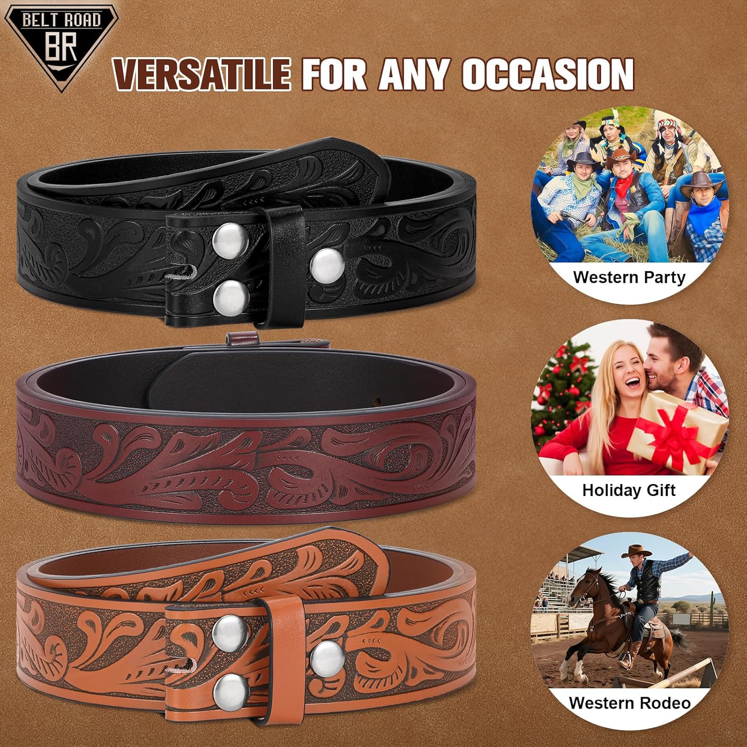 BELTROAD 3 Pack Western Belts for Men Women without Buckle Cowboy Belt for Buckle Mens Western Leaher Belt for Jeans - Image 5