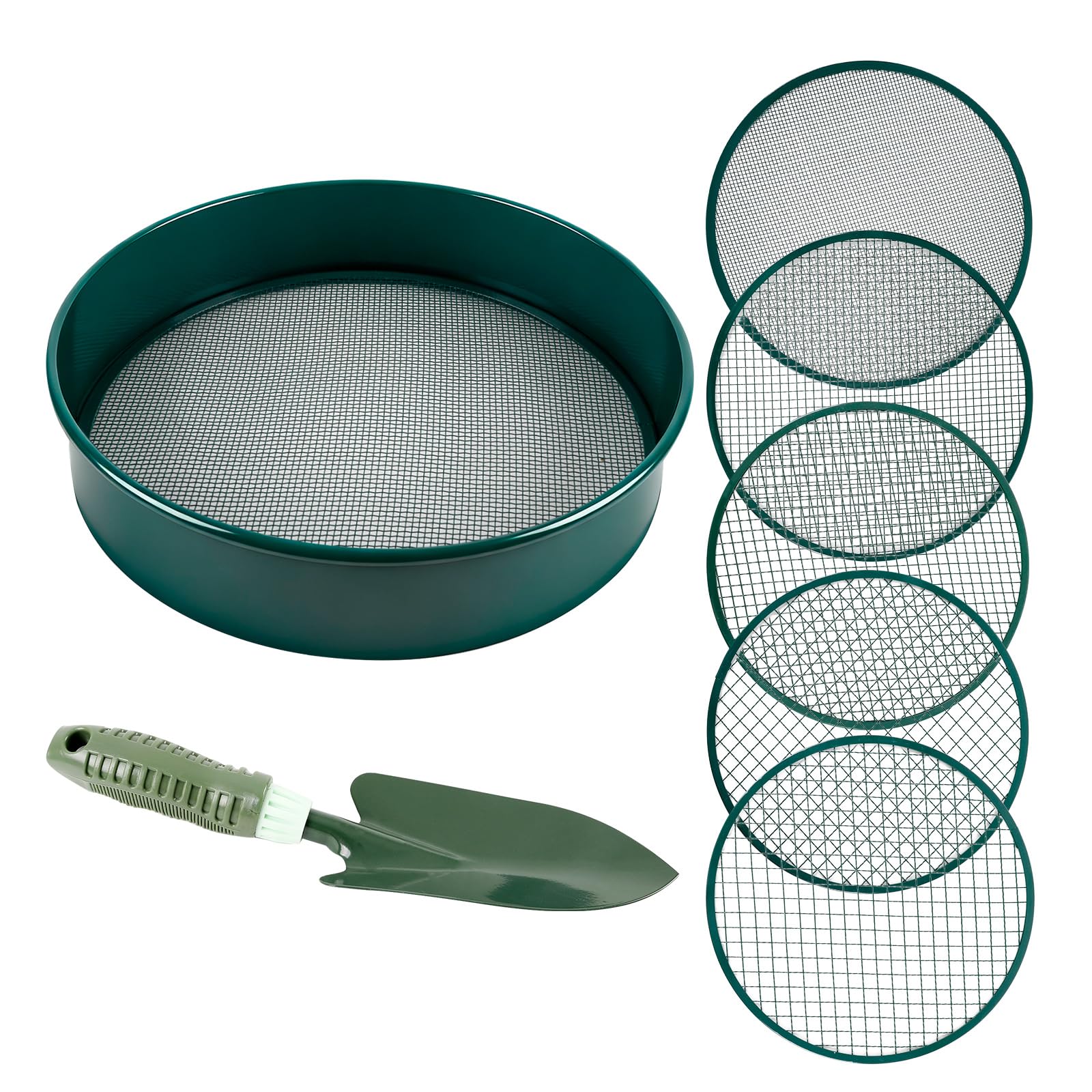 CDIYTOOL 8pcs Gartensieb Set, 30cm Rund Erdensieb Garten Potting Mesh Sieb mit 5 Filtern 3/5/8/10/12mm für Erde, Steine, Unkraut, Katzenstreu, Kompost