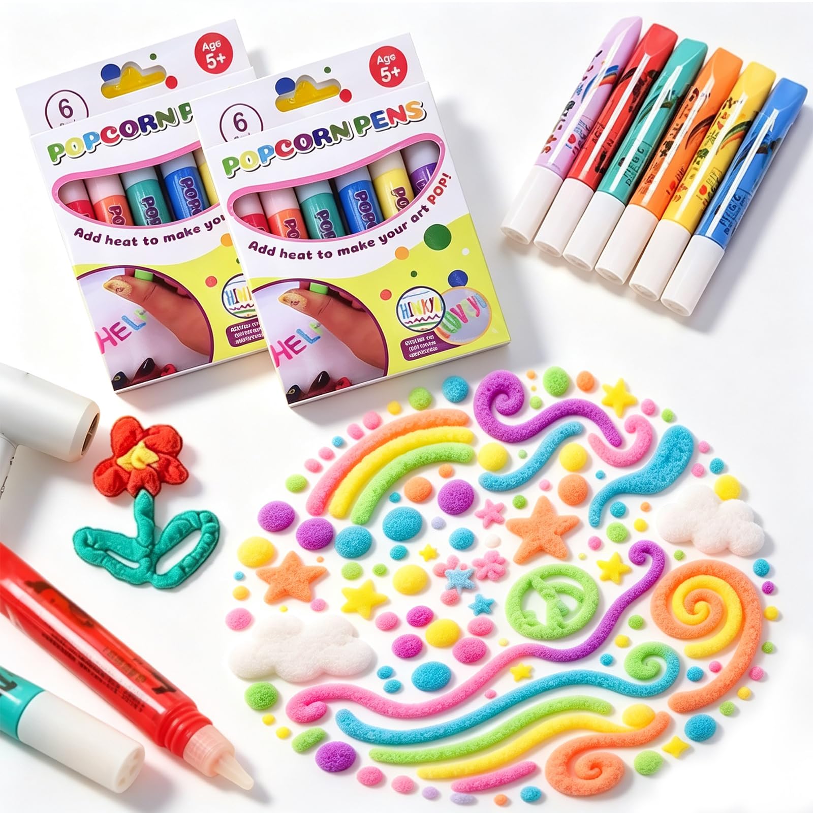 CUOSTU 2 Set 3D Bubble Popcorn Drawing Pens, DIY Puffy Velvet Popcornpens