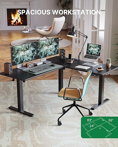 Miniatura 7 de Marsail Escritorio eléctrico de esquina de 63 x 55 pulgadas en forma de L con toma eléctrica 4 en 1, escritorio para computadora con gancho para