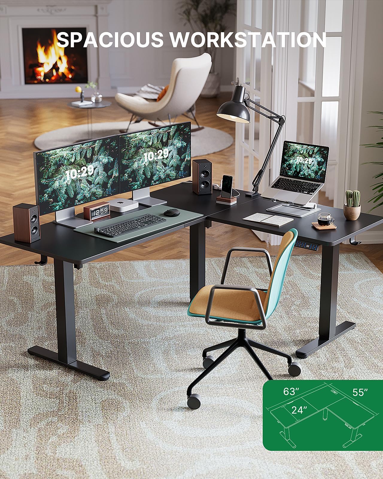 Marsail 63 55 in Electric Corner L-Shaped Standing Desk with 4-in 1 Electical Outlet Computer Desk with Headphone — view 7