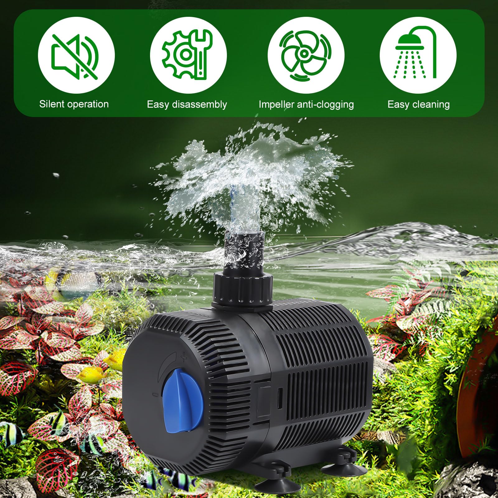 EXLECO pompa laghetto pompa filtro 2300L/H pompa acqua esterno Pompa per laghetti con Filtro 35W Pomp di Giardinaggio Stagno Sommergibile Pompa per Flusso pompas Ruscello con Cavo 10M & 2 ugelli
