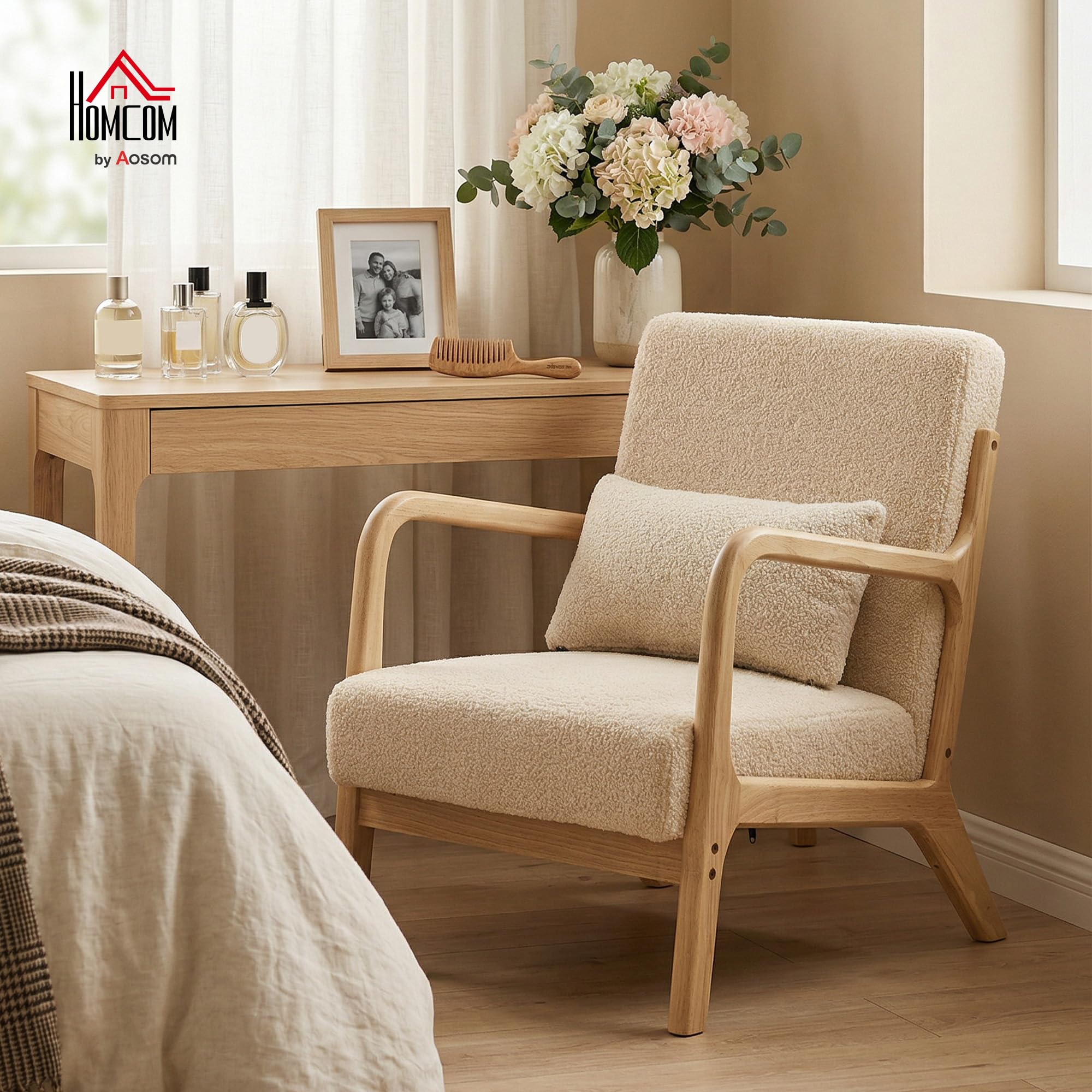 HOMCOM Fauteuil de Salon avec Cadre en Bois Massif Fauteuil Lounge - Assise Profonde - accoudoirs - Aspect Velours Beige