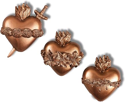 Scapular Catholic Three Hearts Wall Plaque Set Sacred Heart, Immaculate & Chaste Heart Hand-Painted Catholic Decor Set of 3 Religious Wall Accents Bronze Finish