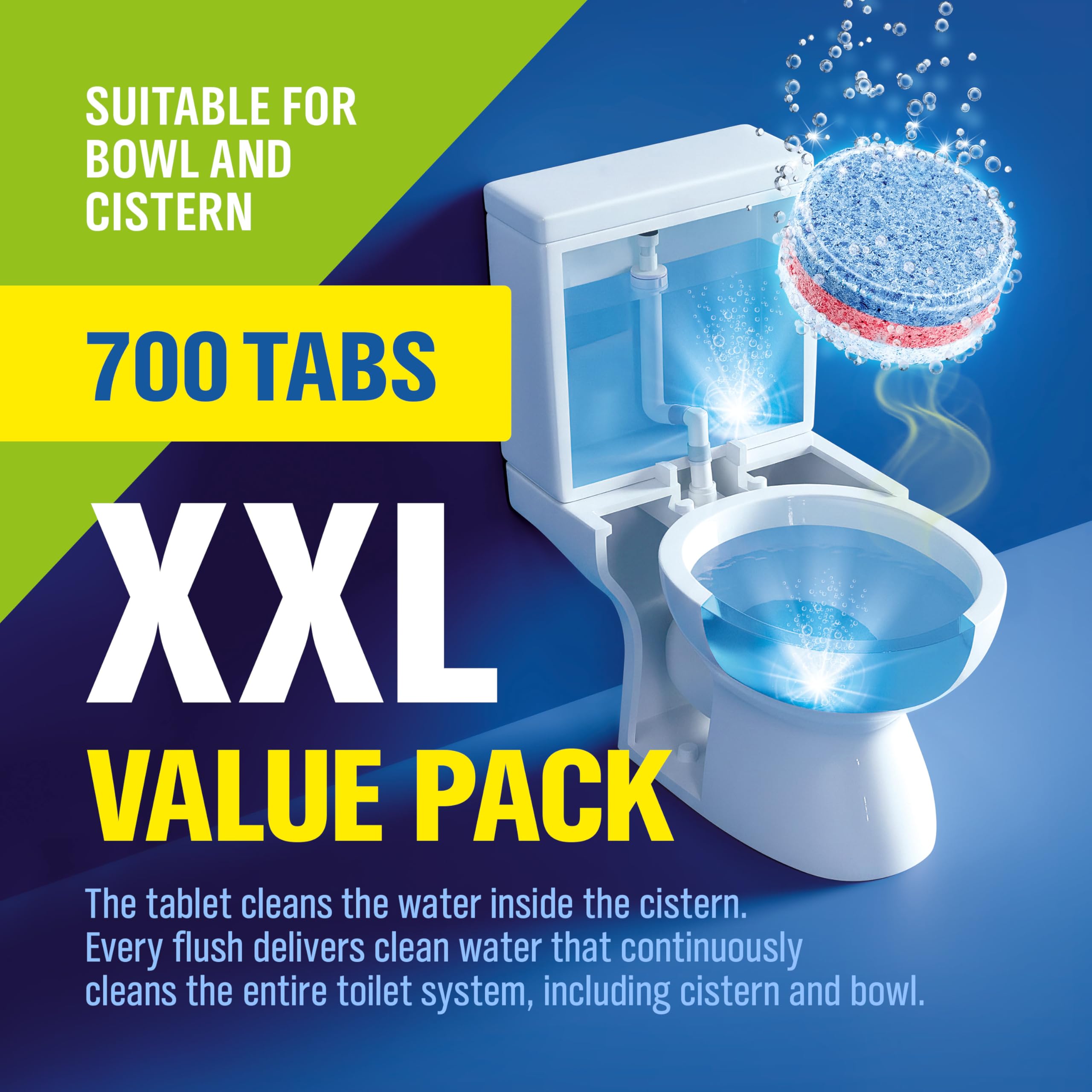 WoldoClean Pastillas de inodoro 3 en 1, eucalipto, 700 x 25 g, pastillas limpiadoras contra cal y piedra de orina para instalaciones sanitarias, urinarios y desagües