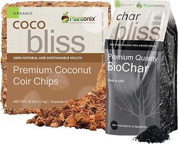 Coco Chips 10lbs + Char Bliss 8 Qts - Coco Chips for Plants & Organic Biochar for Plants - Biochar Soil Amendment & Coconut Mulch - Coco Coir Chips - Charcoal for Plants - Garden Soil Potting Mix