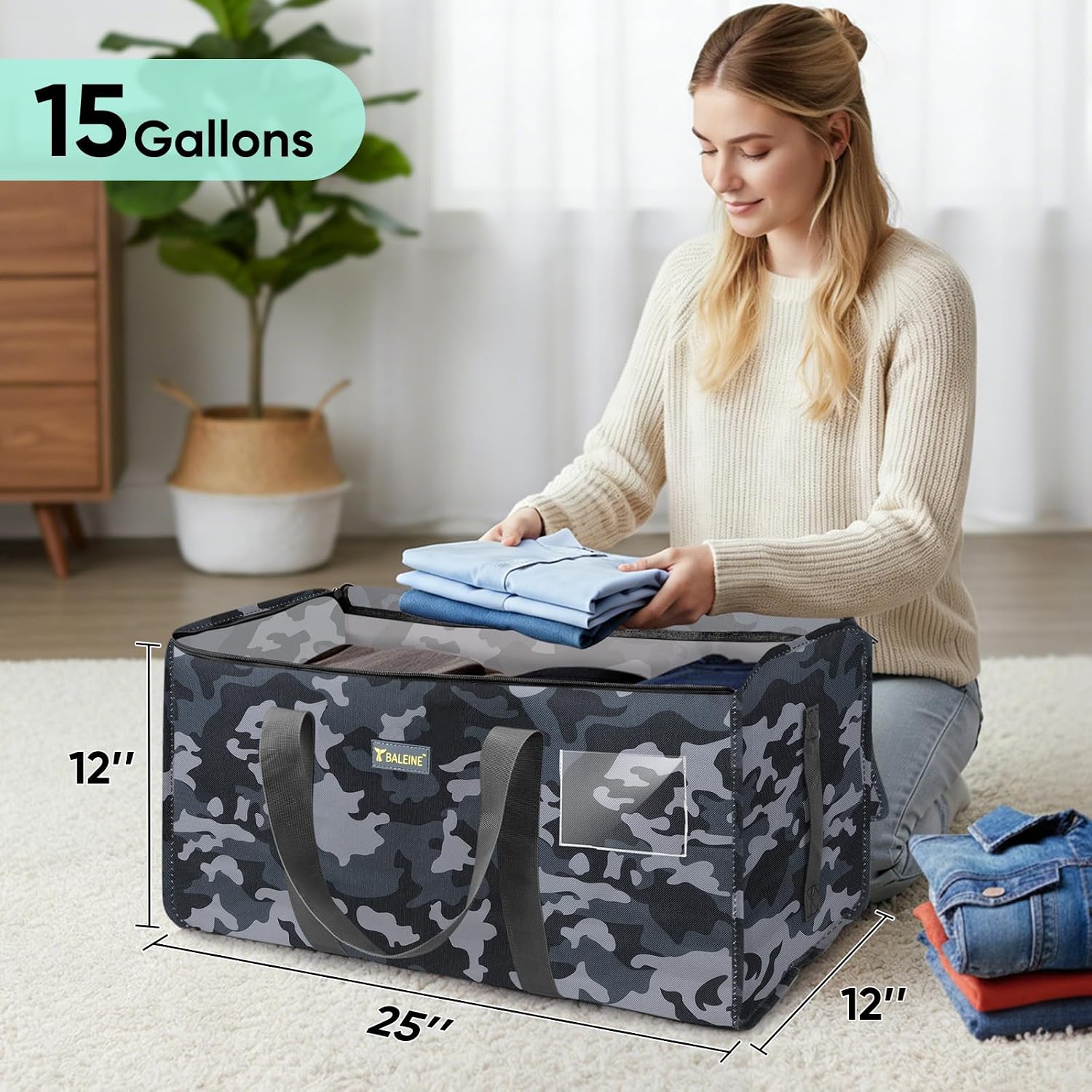 BALEINE Extra Large Storage Tote with Zippers & Carrying Handles, Heavy-Duty Oxford Fabric Moving Bags for Laundry, Space Saving, Storage, Grey Camouflage image 4