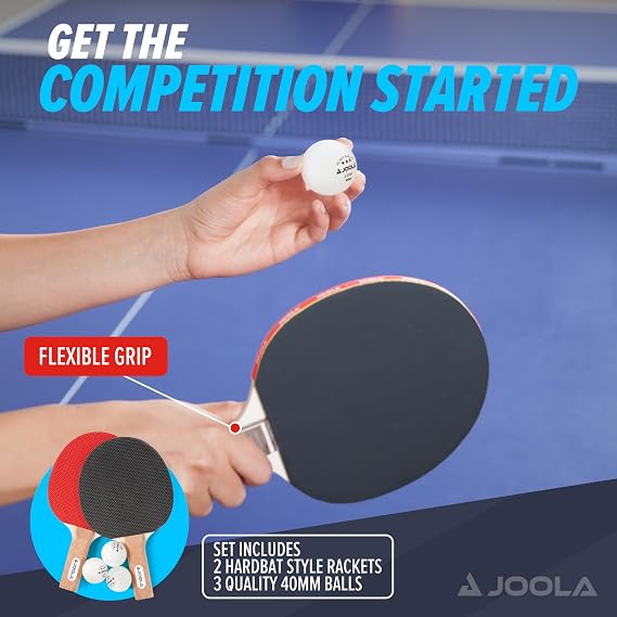 JOOLA Essentials Duel 2-Player Table Tennis Paddle Set with 2 Ping Pong Paddles & 3 Balls - Pips Out Hardbat Ping Pong Rackets Great for All Playing Levels & Ages - White Balls