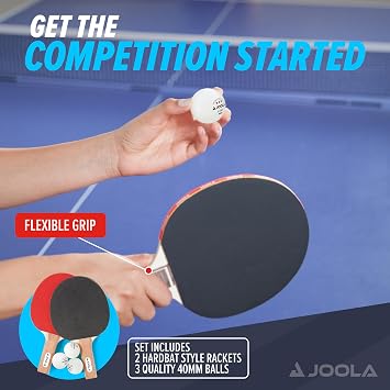 JOOLA Essentials Duel 2-Player Table Tennis Paddle Set with 2 Ping Pong Paddles & 3 Balls - Pips Out Hardbat Ping Pong Rackets Great for All Playing Levels & Ages - White Balls