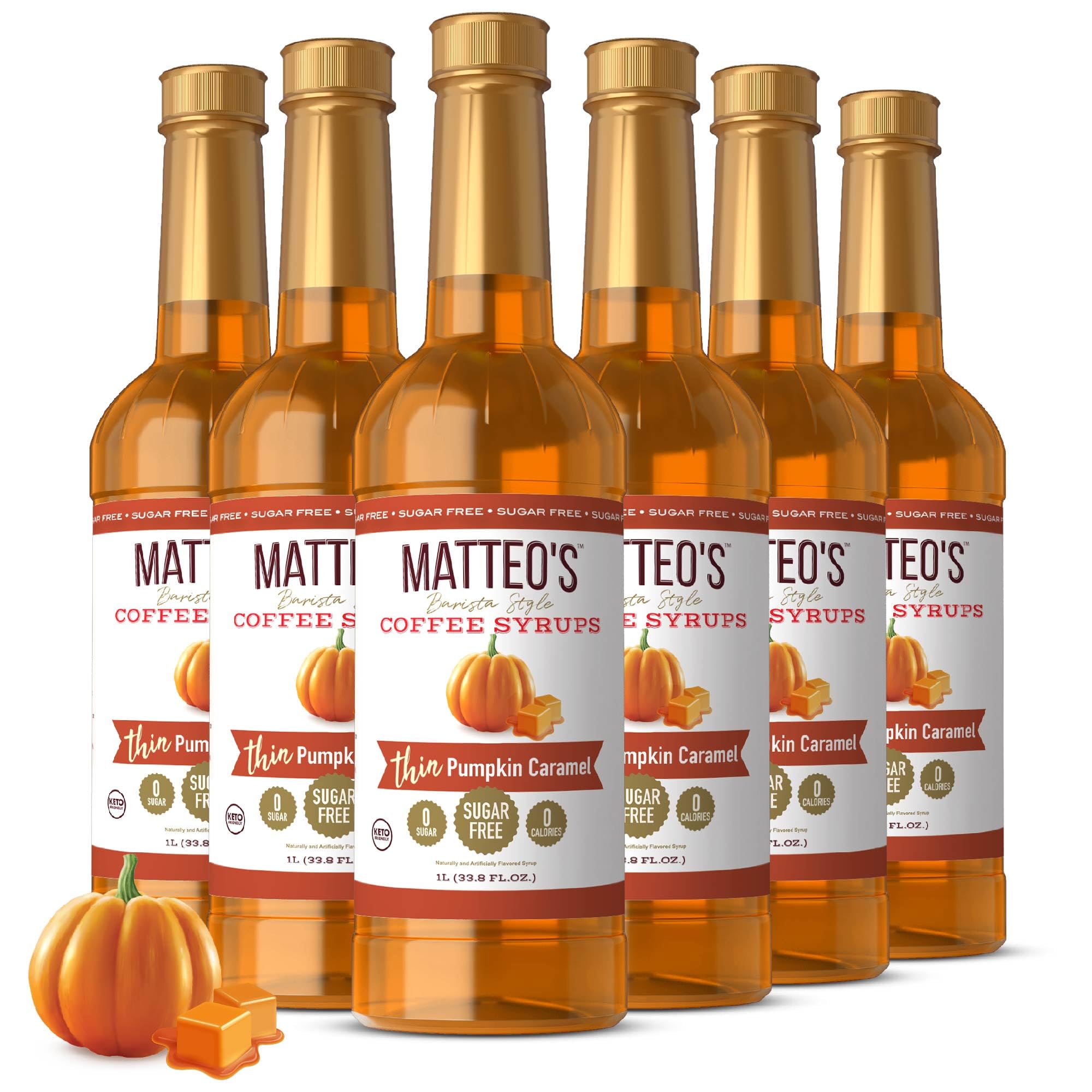 Matteo's Pumpkin Caramel Syrup for Coffee, Lattes, Cappuccinos & Desserts – Sugar-Free Sweetener for Beverages, Keto Friendly, Zero Calories, Indulgent Flavor, Non-Alcoholic, 33.8oz (6pk)