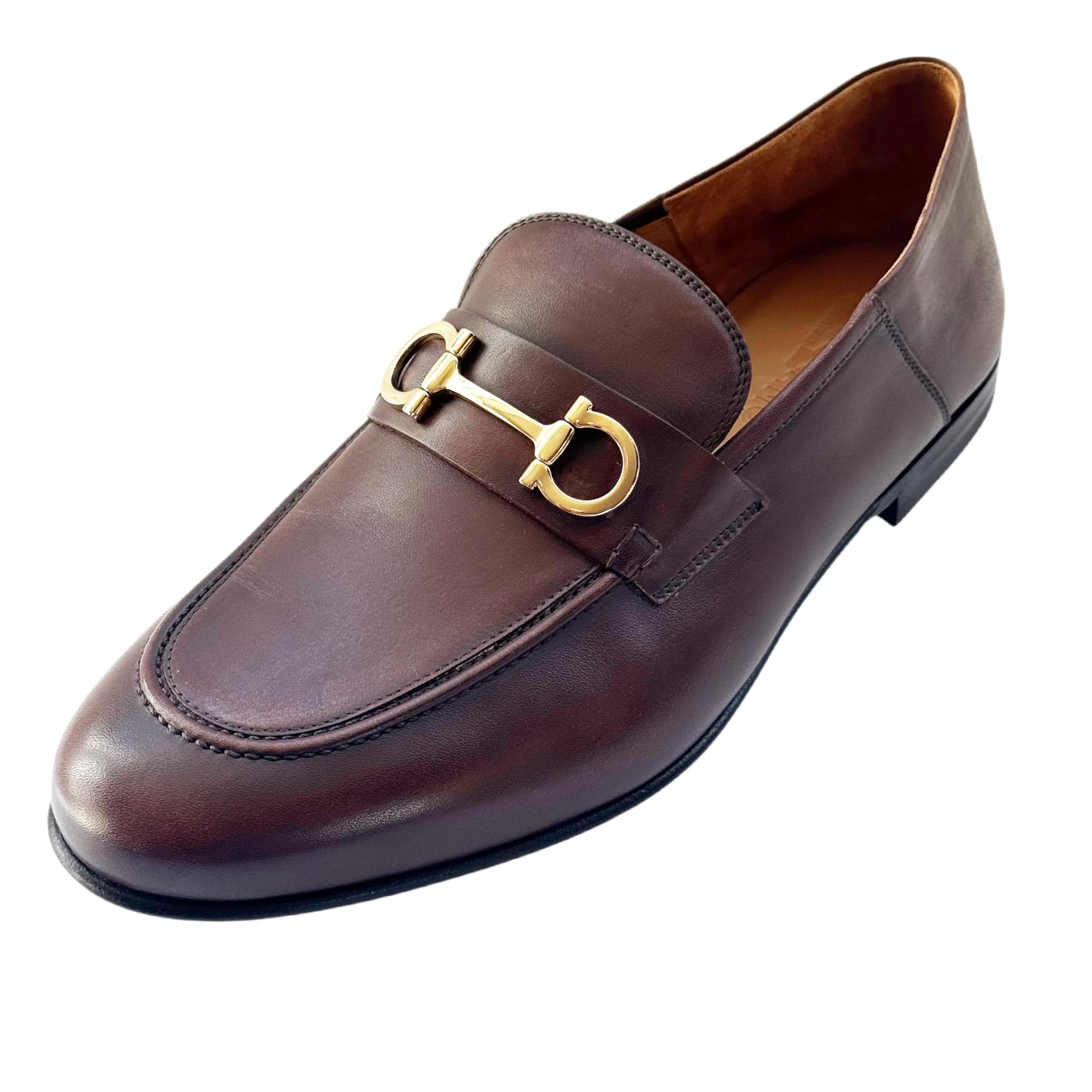 Ferragamo Gin Gancini Buckle Loafers Brown Leather Mens Slip-on Dress Shoes Salvatore