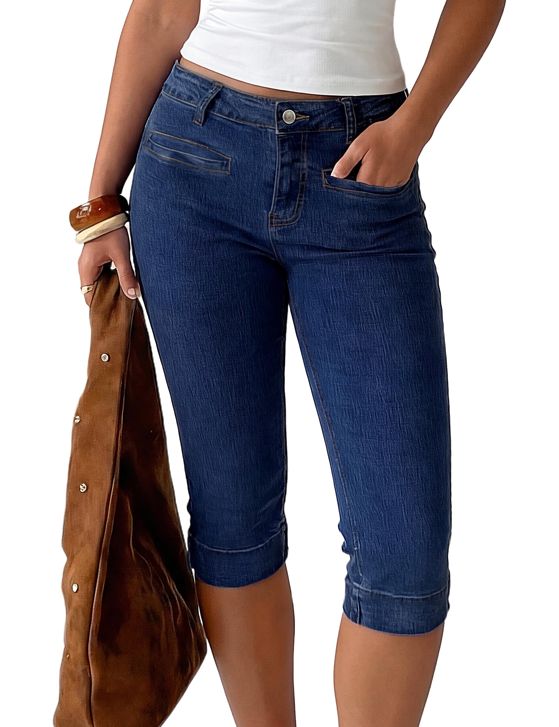 Fengbay Capri Jeans pour Femme Stretch Skinny Taille Basse Trois Quarts Pantalon en Jean Fente à l'ourlet Pantacourt décontracté d'été Pantalon 3/4 | Pantalon capri décontracté d'été 3/4 taille haute en coton doux avec poches pour femme