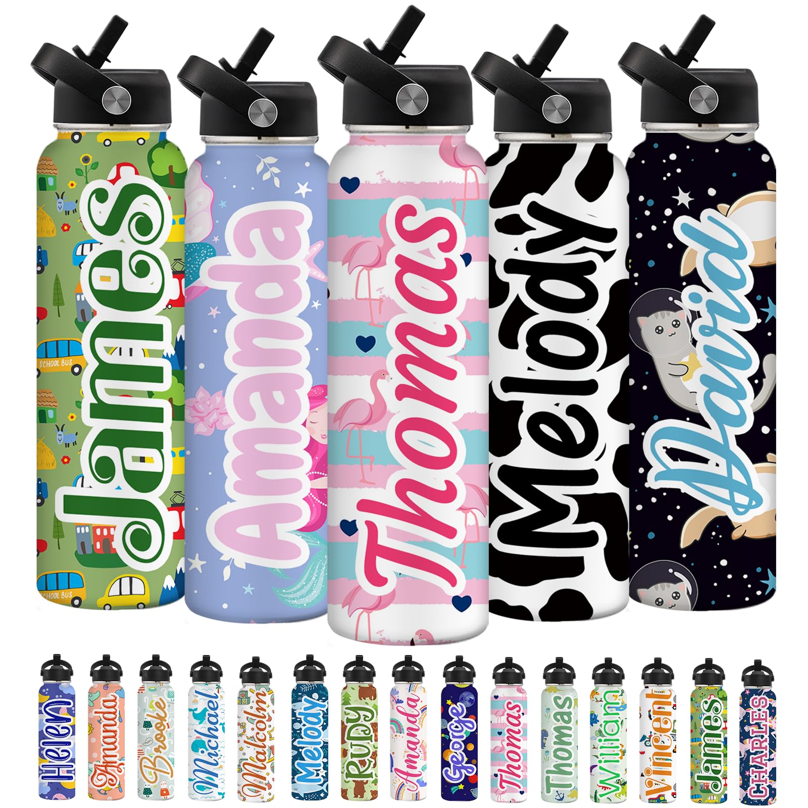 Personalized Water Bottles for Kids School 18oz Custom Stainless Steel Water Bottle with Straw Customized Name Text Double-Wall