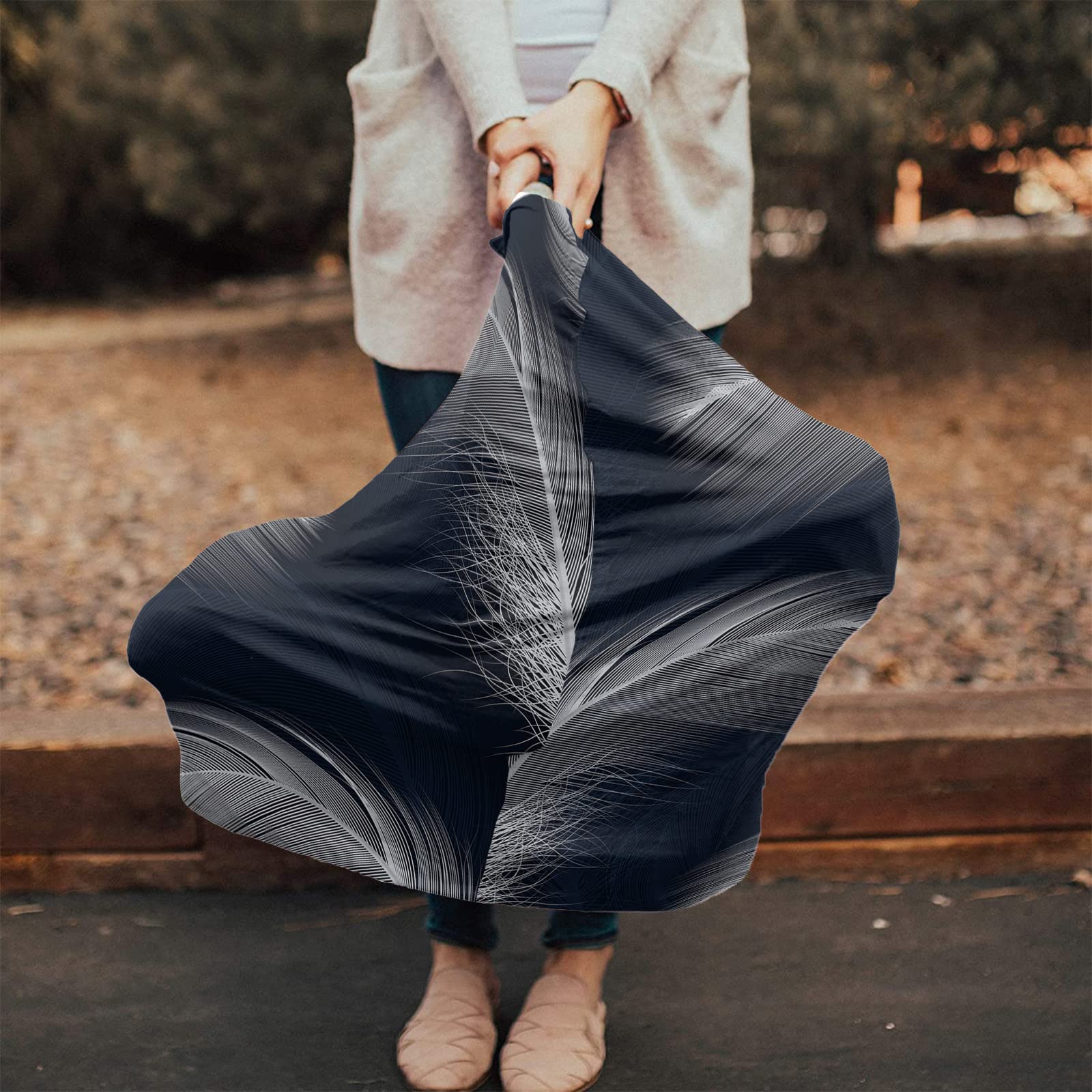 Nursing Cover for Breastfeeding Scarf, White Feather Black Baby Car Covers Super Soft Multi Use for Canopy Shopping Cart Cover Blanket Stroller Cover