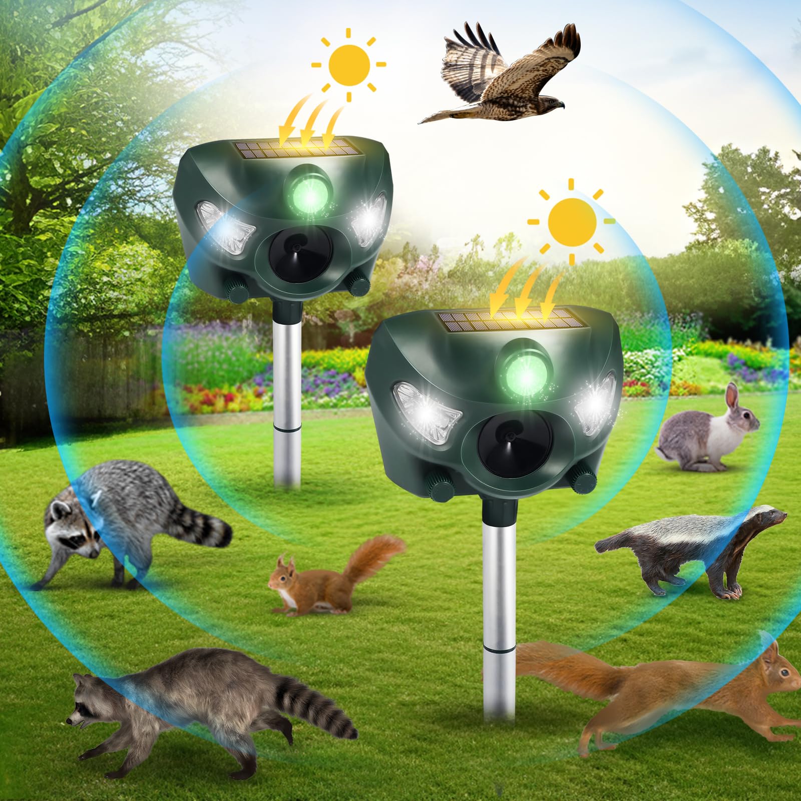 2 Pack Solar Animal Repeller, 2024 Ultrasonic Animal Repellent Outdoor Waterproof with Motion Sensor & LED Strobe Light Raccoon Cat Repellent Animal Deterrent Deer Repellent Devices for Yard