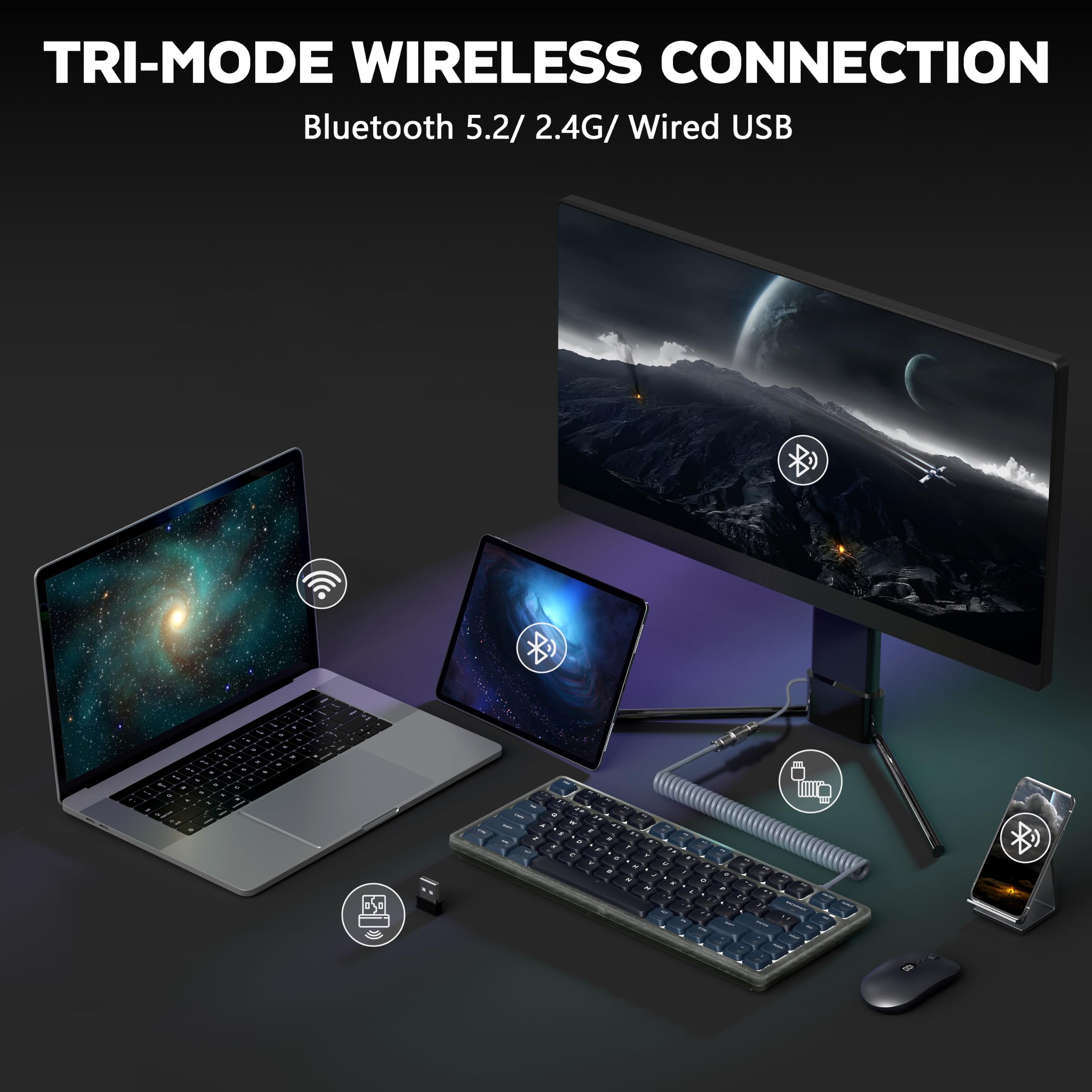 ATTACK SHARK AK832 Tastiera Meccanica, 75% TKL Tastiera DaGioco Wireless, Ultra-Thin Low Profile Gasket Tastiera BT/2.4G/Wired, 20 Backlit, 83 Chiavi, Coiled USB C Cable per Mac/Win-Red Switch