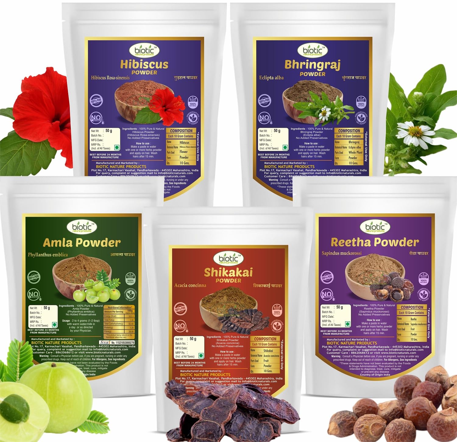 Biotic Natural Amla, Reetha, Bhringraj, Shikakai and Hibiscus Powder for Hair Care - 250gm (Pack of 5)-image-11