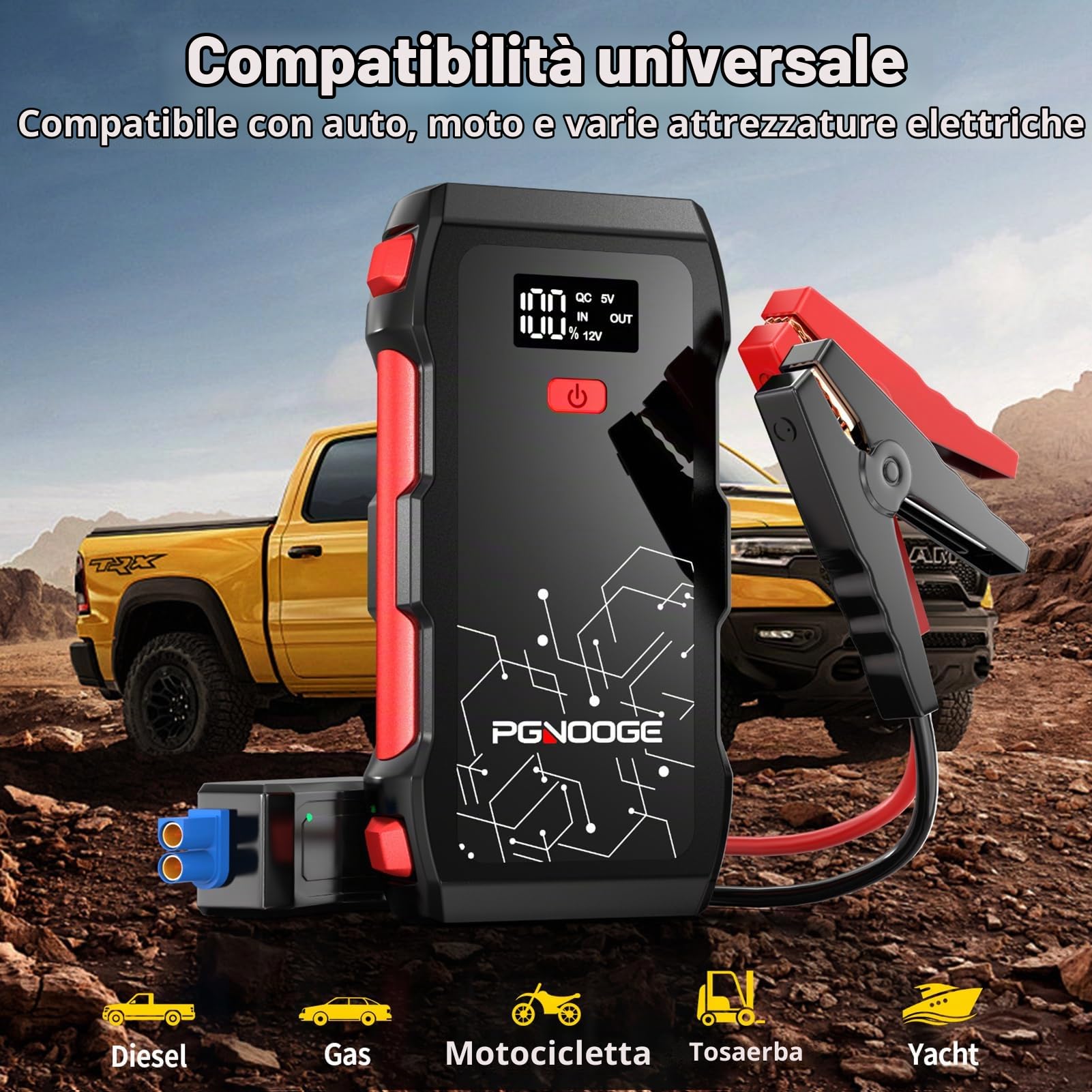 26800mAh 6000A Avviatore Booster per Auto 12V | Per tutte le auto a benzina 12V e veicoli diesel fino a 10L, Schermo digitale, Torcia, Power bank USB, Impermeabile