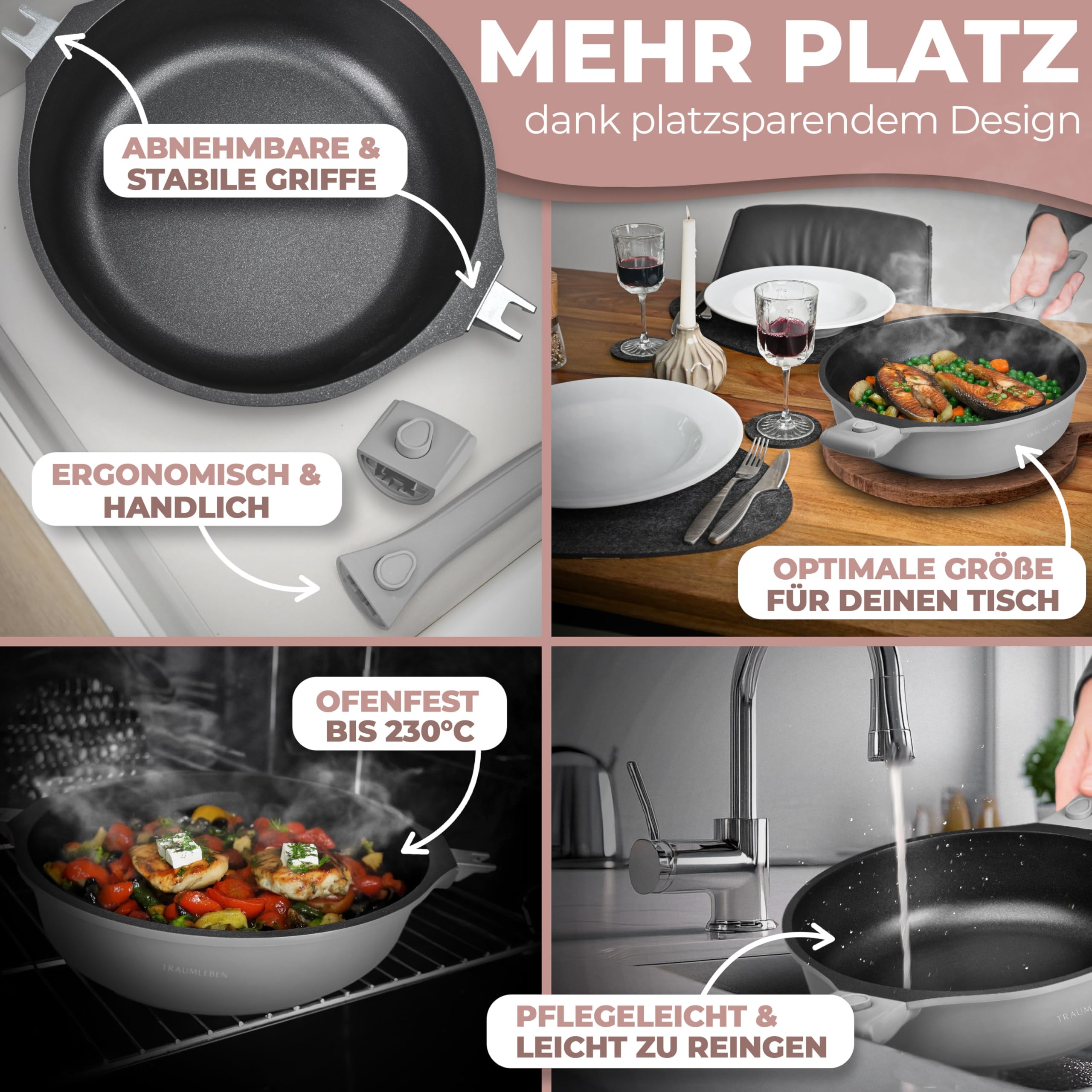 TRAUMLEBEN Bratpfanne 28 cm mit Deckel & abnehmbaren Griffen (Grau) | Antihaftbeschichtung, PFOA-frei, für Induktion geeignet, backofenfest, hoher Rand