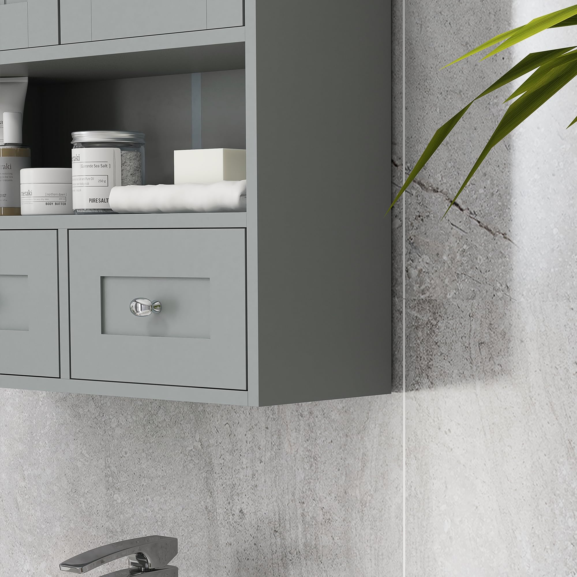 kleankin Armoire Murale de Salle de Bain, Armoire de Toilette, avec Portes Doubles, étagère Ouverte, 2 tiroirs pour Ranger, 50,8l x 17,8P x 66H cm, Gris