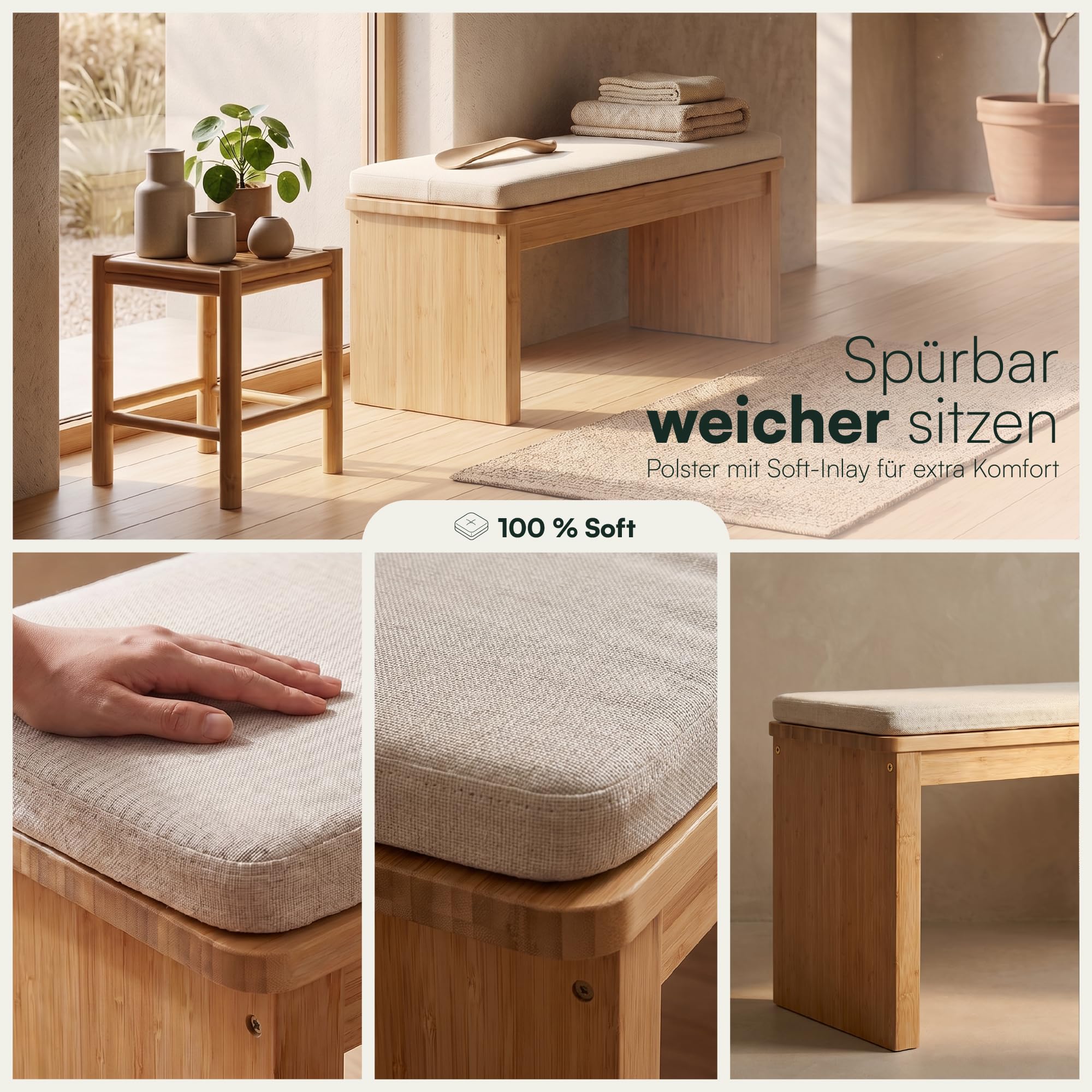 Bambus Sitzbank Flur - Flur Möbel - Bettbank - Polsterbank aus Bambus | BAM BOO BOX Sitzbank Holz Bambus 90x33x43 cm - Bank Flur, Bettbank, Polsterbank, Flurbank fürs Schlafzimmer & Wohnzimmer