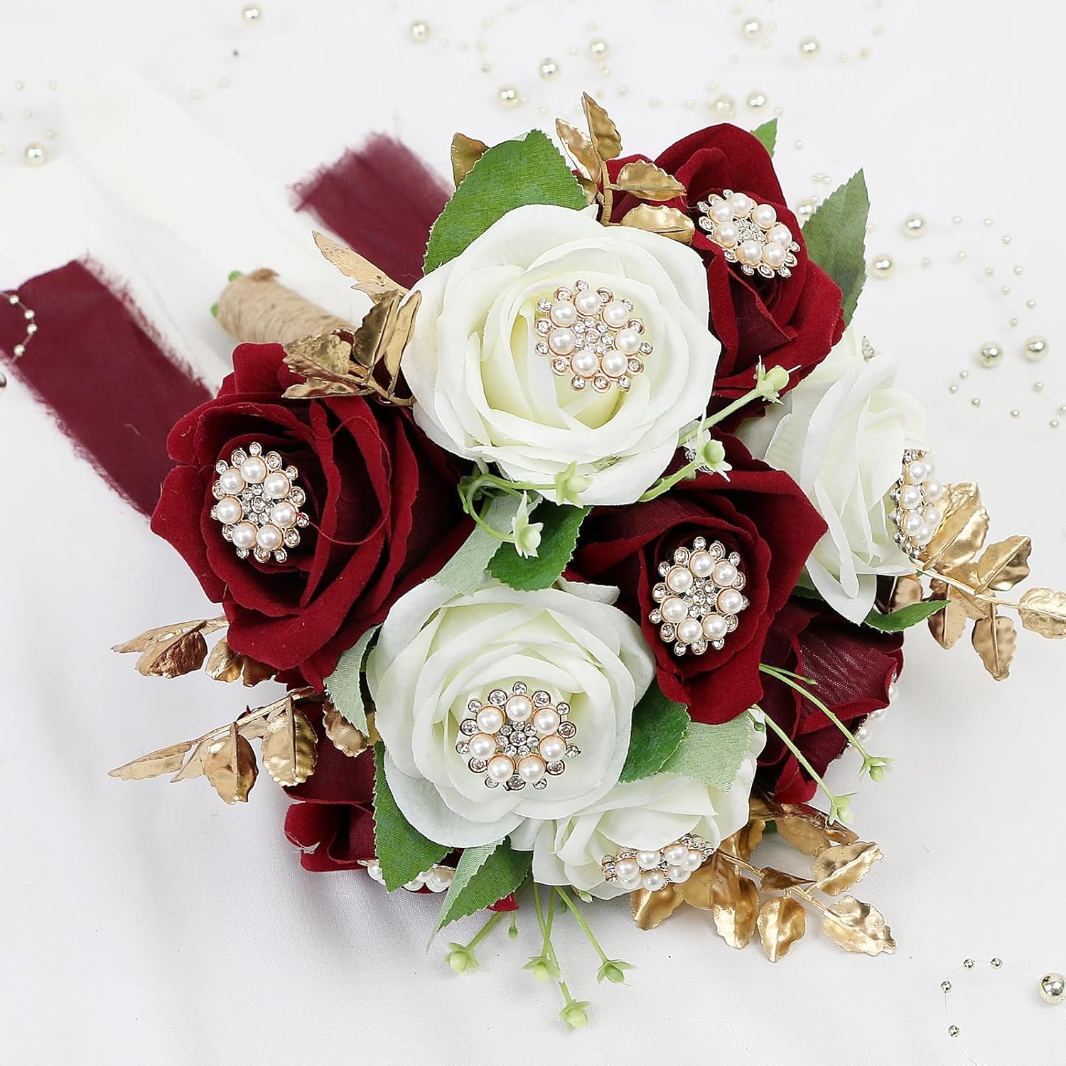 Wedding Bouquets for Bride - Pre-Made Luxury Artificial Bridal Bouquets Roses Flower Bouquets for Vintage Wedding or Centerpieces Decoration - Burgundy & White & Gold - Image 2
