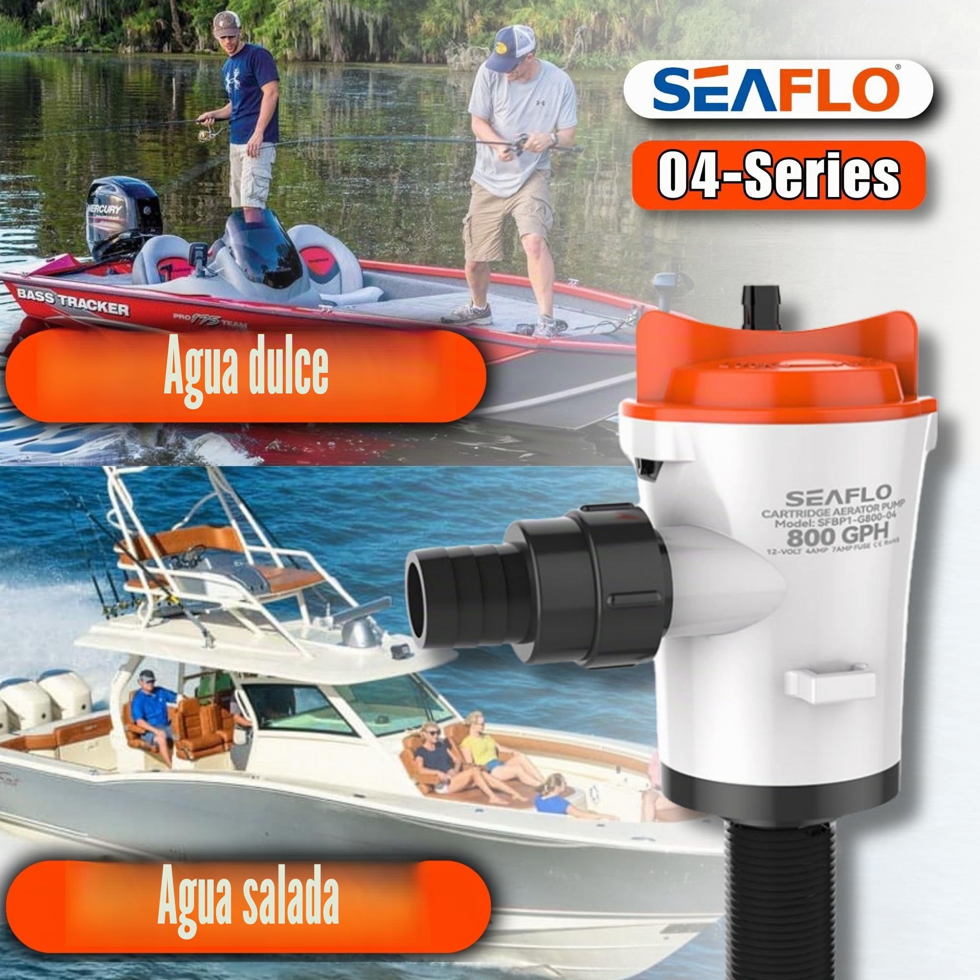 SEAFLO Bomba aireadora Livewell - 12 V, 800 GPH, sumergible, cartucho extraíble (recto)