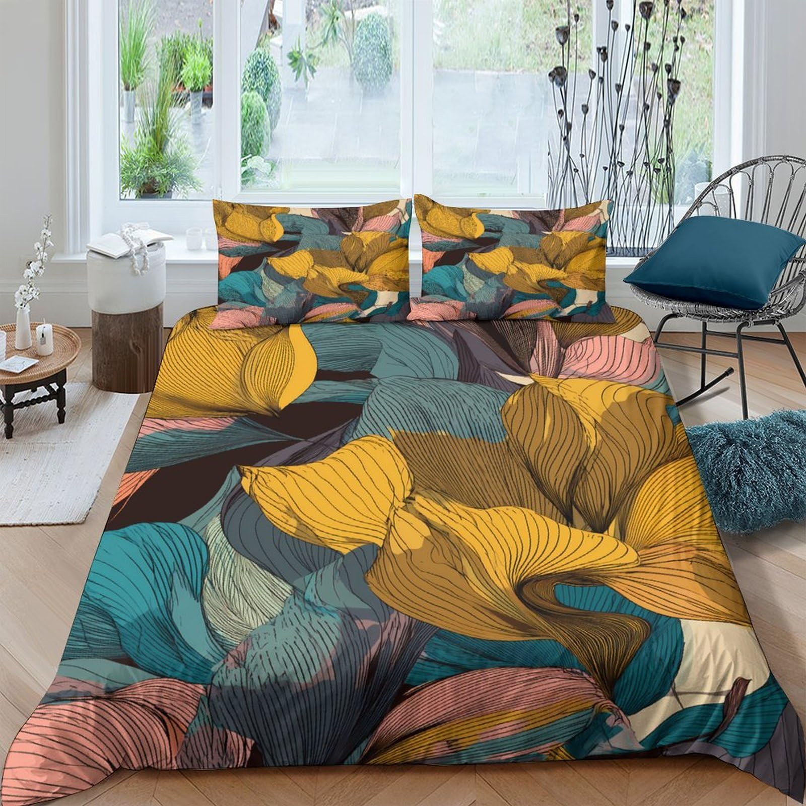 GPLZQXKJNH 3D Printed Abstract Leaf Duvet Cover Microfiber Colourful Bedroom Decor Botanical Bedding Set with 2 Pillowcases Single（135x200cm）
