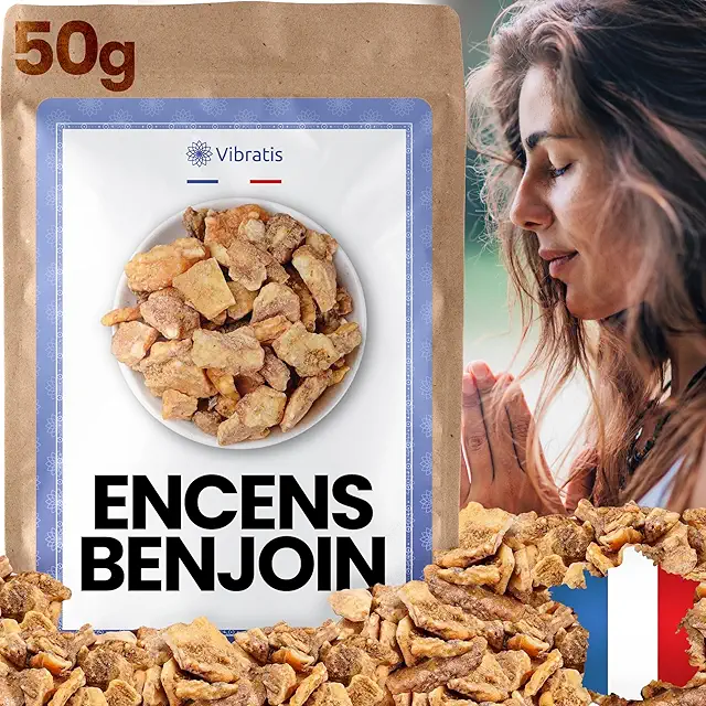VIBRATIS Encens Benjoin Naturel 50g – Encens en Grains pour Purification de Maison – Apporte la Chance aux Commerces – Idéal pour Méditation et Relaxation