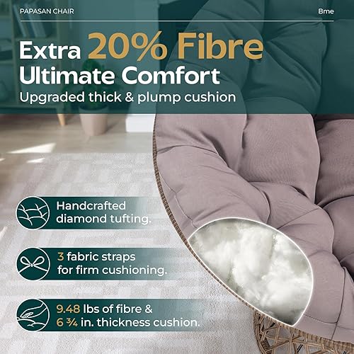 Miniatura 10 de Bme Silla Papasan ergonómica de mimbre con cojín de tela de densidad gruesa suave, marco de acero de alta capacidad, giro de 360 grados para sala,
