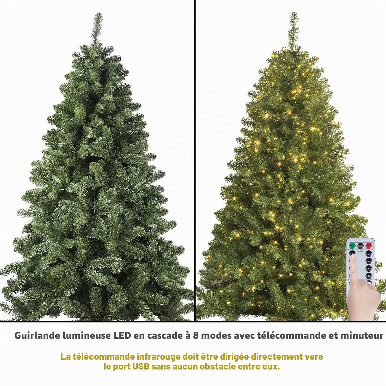 Sapin de Noël Artificiel 180cm avec décorations et lumières 300 LEDs lumière et Ornements Bois Nior Décorations de Noël Comprenant des Boules de Sapin de Noël artificielles complètes