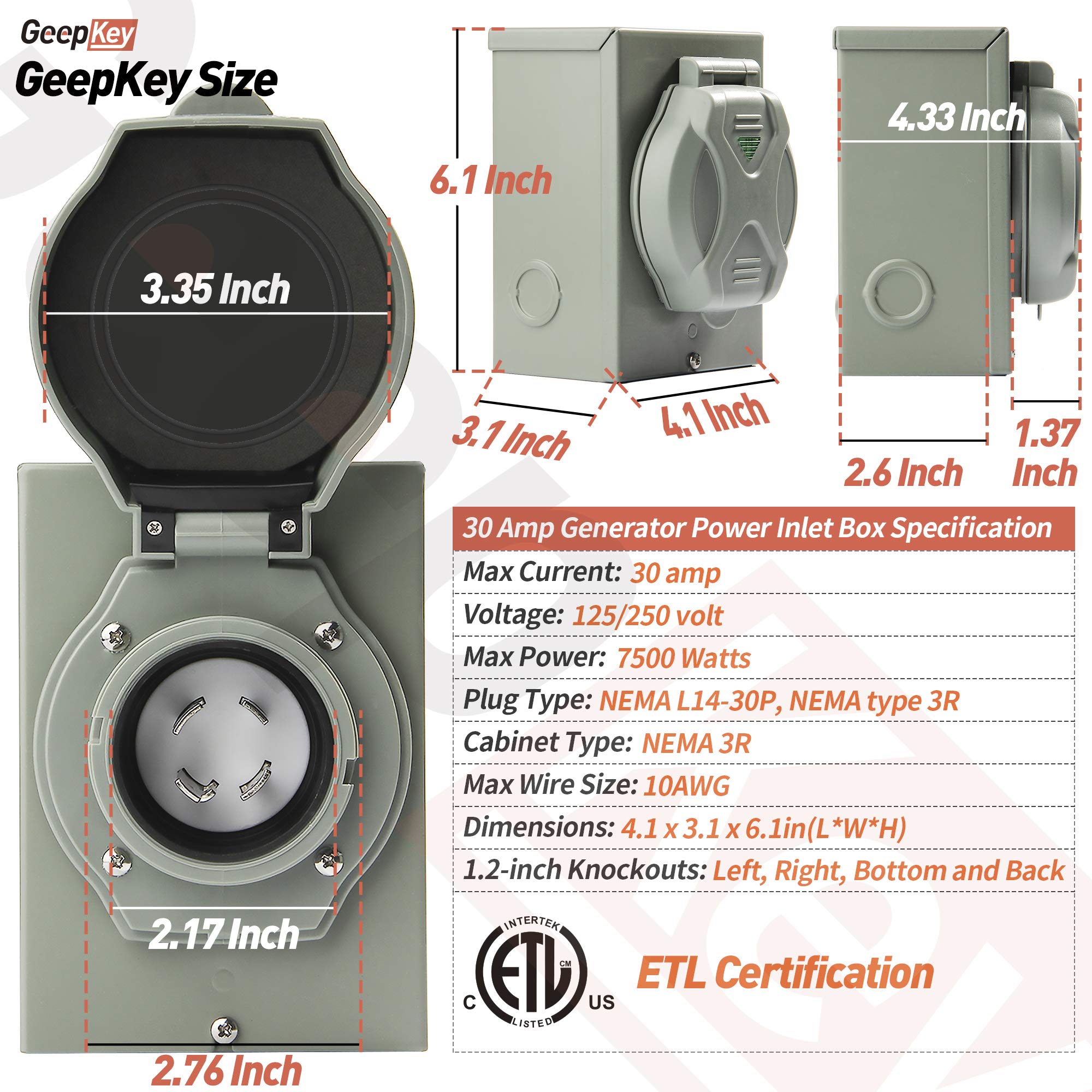 Buy GeepKey 30 Amp Power Inlet Box, NEMA 3R Power Inlet Box, NEMA L14