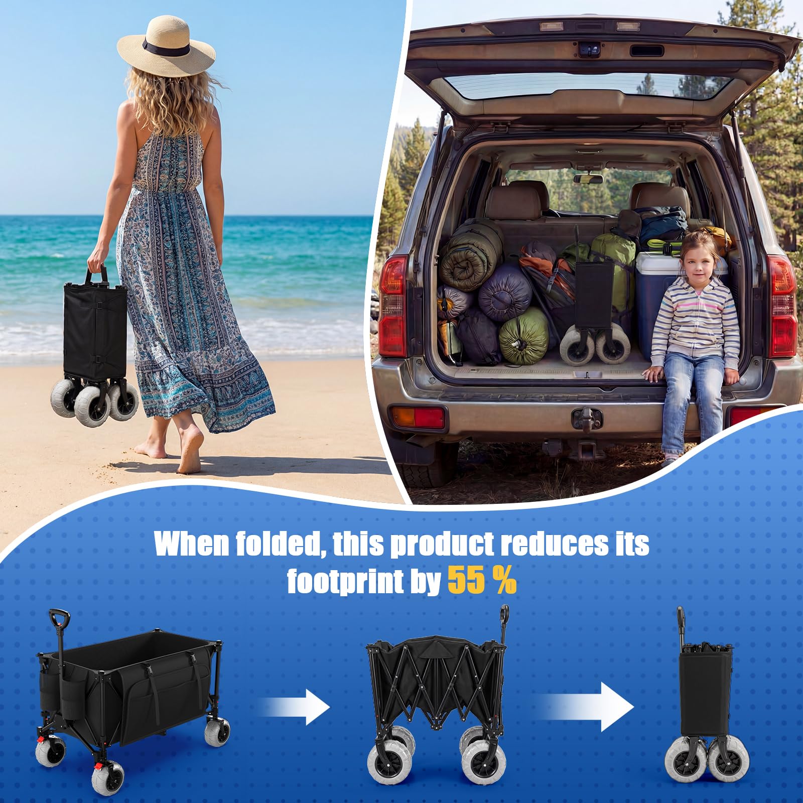 JUMMICO Chariot de Plage à roulettes Pliable ｜ Capacité 200L ｜ Charge 150kg ｜ Poignée Réglable ｜ Sac Latéral 25L Offert ｜ Chariot de Transport avec Frein ｜ pour Plage, Parc, Courses, Camping