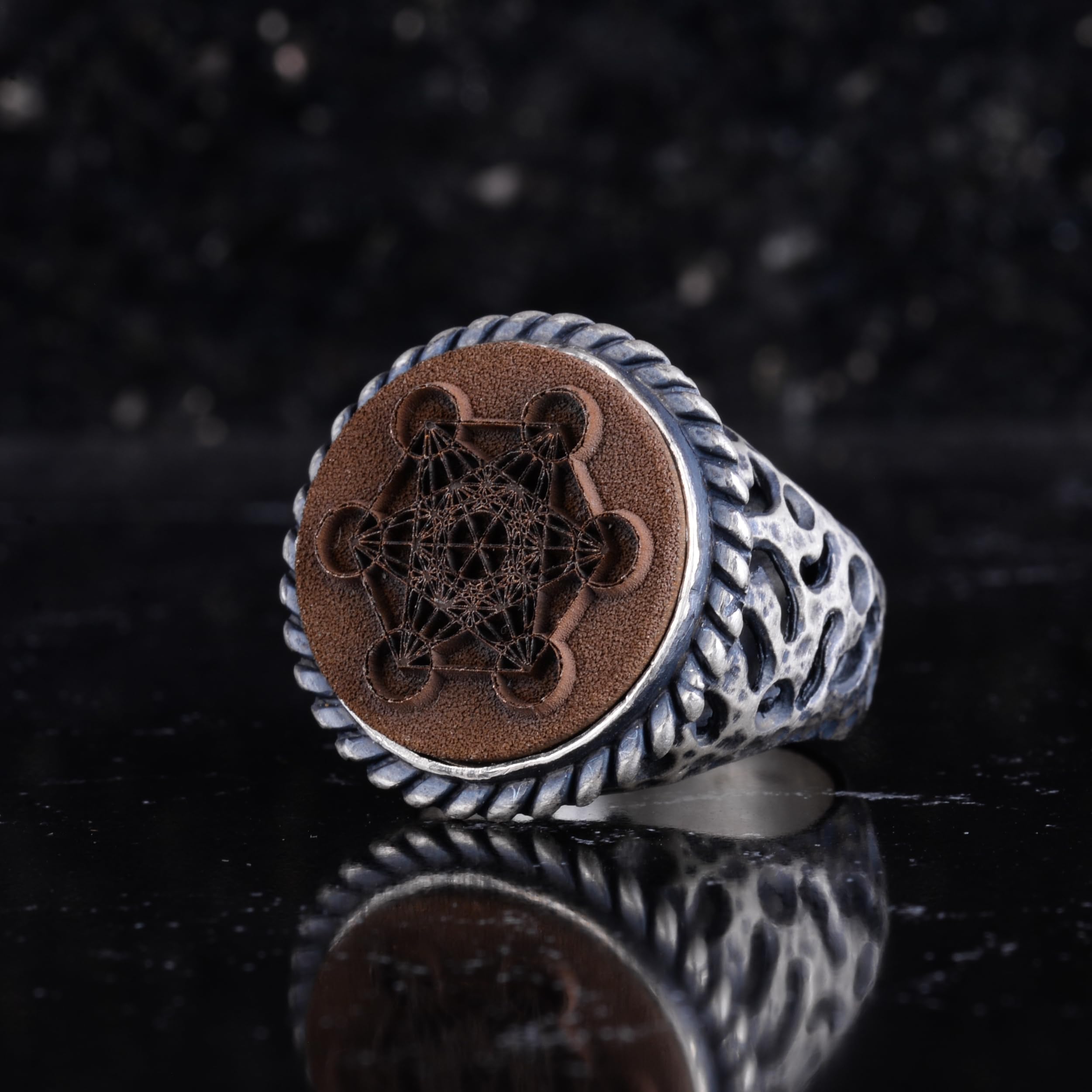 KAMBO Metatron Cube męski pierścionek z brązu, detal, srebro wysokiej próby 925, święta geometria, symbol vintage, sygnet dla mężczyzn