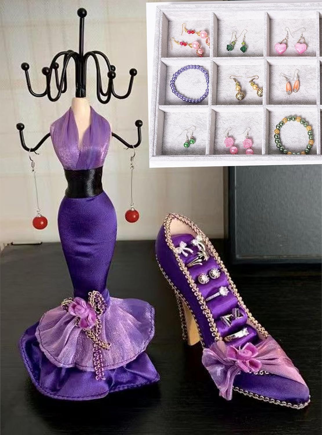 Jewelry Display Stand Model Mannequin Dress and High Heels, Vintage Necklace Earring Ring Holder Jewelry Storage Case, Trinket Box Decoration Gift for Women Girls (C)