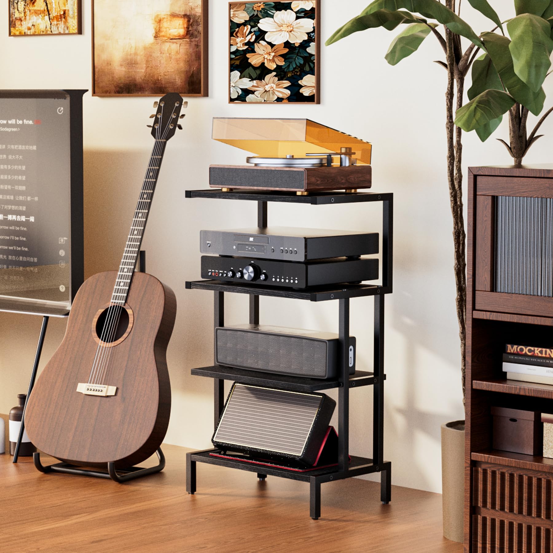 Aquzee Meuble HiFi Bois, Meuble Jeux Vidéo, Petite Table, Table d Appoint Canapé à 4 Etagères, Petits Espaces Espaces Étagère de Rangement pour Équipement Audio, 28P x 45L x 77H cm