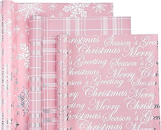 WRAPAHOLIC Christmas Wrapping Paper Roll - Mini Roll - 3 Rolls - 17 Inch X 120 Inch Per Roll - Pink with Silver Metallic Foil Snowflake, Plaid, Merry Christmas Lettering