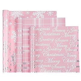 WRAPAHOLIC Christmas Wrapping Paper Roll - Mini Roll - 3 Rolls - 17 Inch X 120 Inch Per Roll - Pink with Silver Metallic Foil Snowflake, Plaid, Merry Christmas Lettering