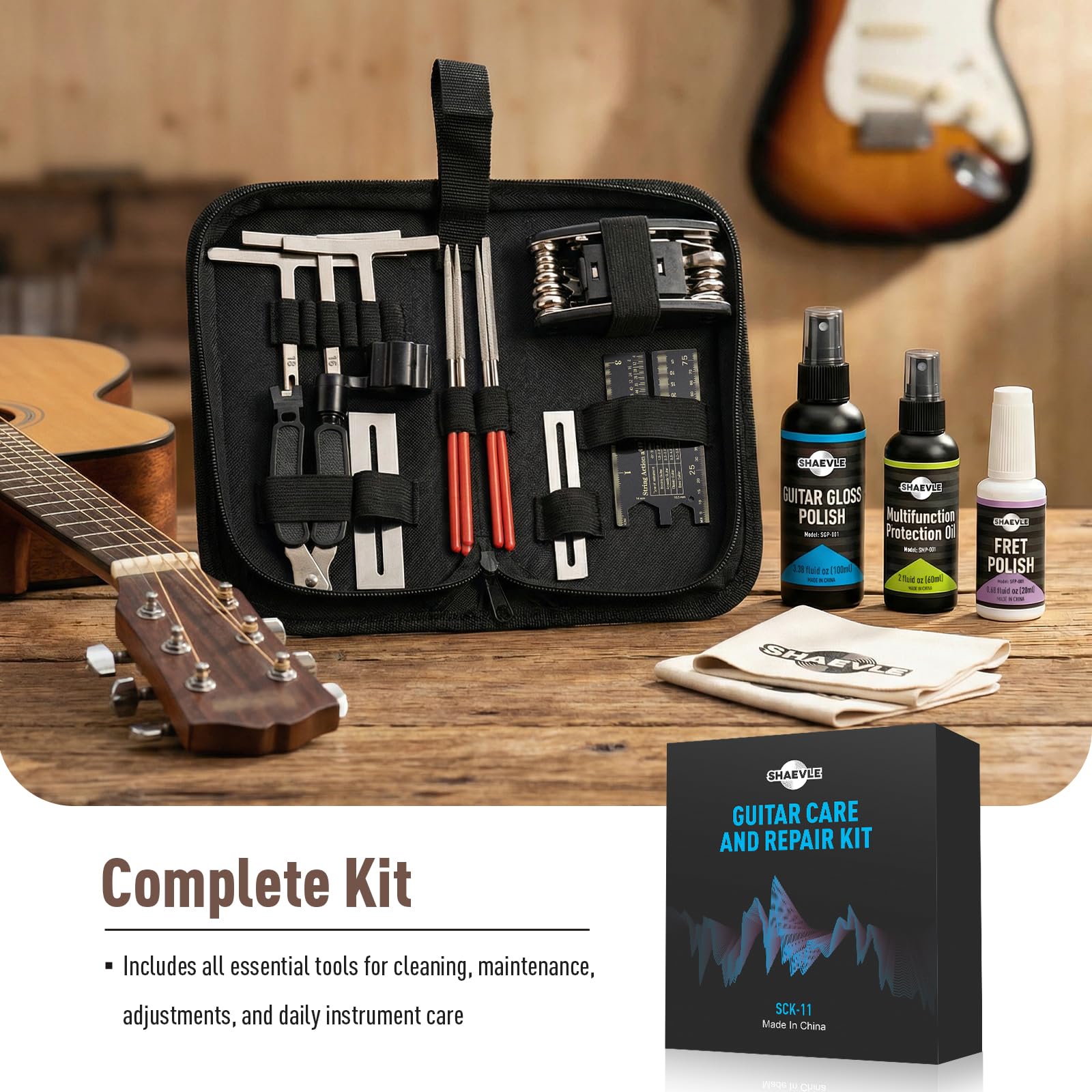 Kit di pulizia e riparazione per chitarra - Olio per chitarra, smalto lucido, lucidante per tasti, strumenti per liuteria, borsa - Manutenzione e configurazione per ukulele e basso