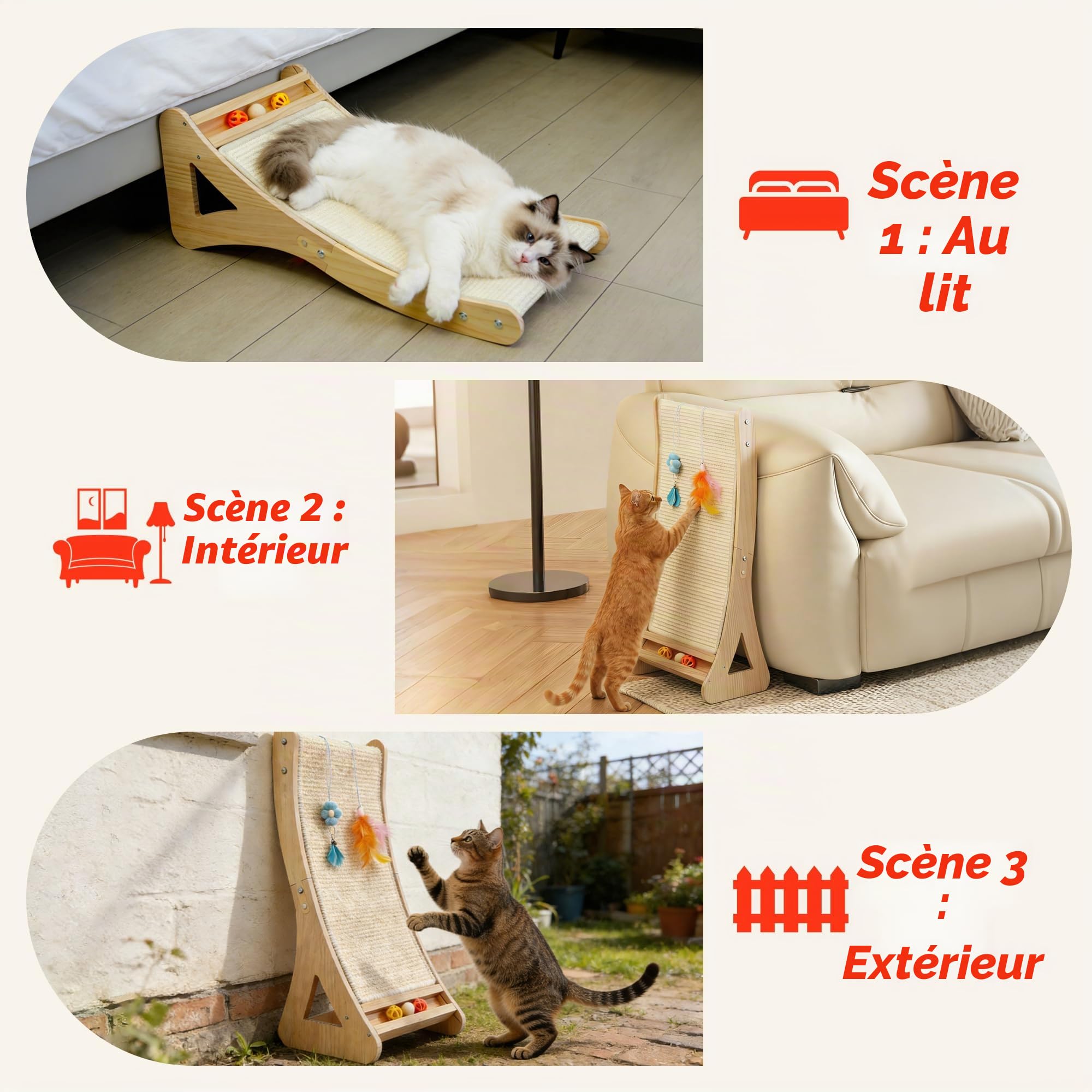 Griffoir pour Chat avec Tapis Griffoir Chaten Sisal Naturel 100% Planche Gratter Chat en Rampe Arqué de 63cm,Bois Massif Griffoir Interactif Chat avec Cloche Plume Protéger pour Canapé,Mural