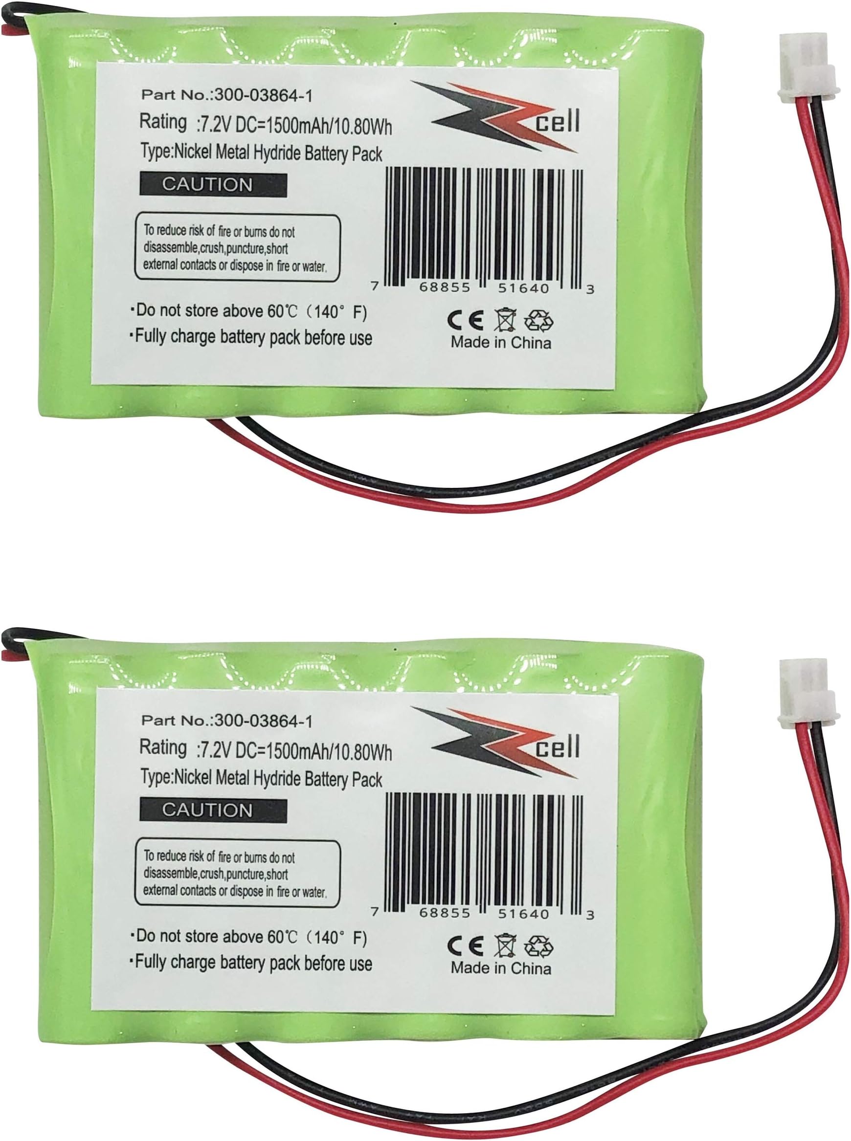 2-Pack Battery Compatible with Honeywell Alarm 300-03864-1, Lynx L3000, Lynx L5000, Lynx L5100, ADEMCO 300-03865, 1500mAh (Please Check Part Number Before Purchase) Battery Connector 2 Prong