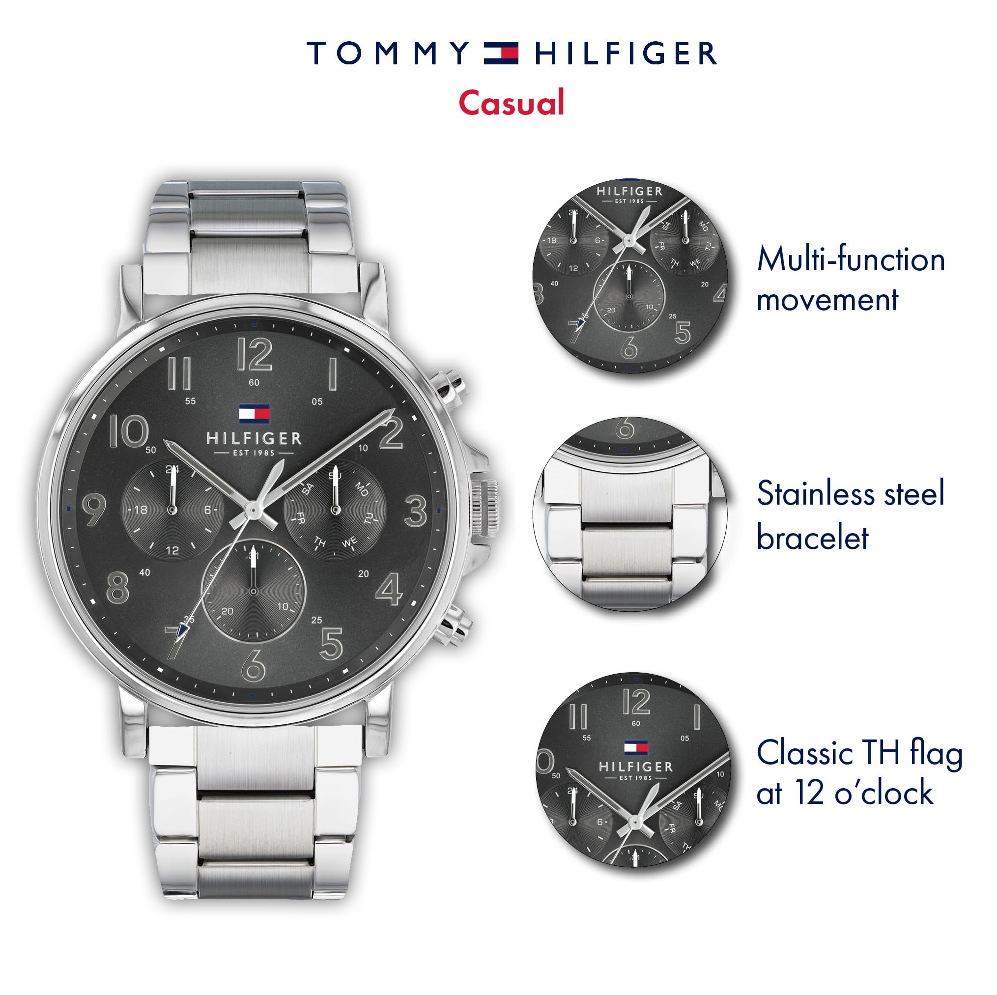 Tommy Hilfiger Herren 46mm Analog Multifunktions-Quarzuhr - 3 Hilfszifferblätter, Edelstahl- oder Lederarmband, 5 ATM Wasserdicht