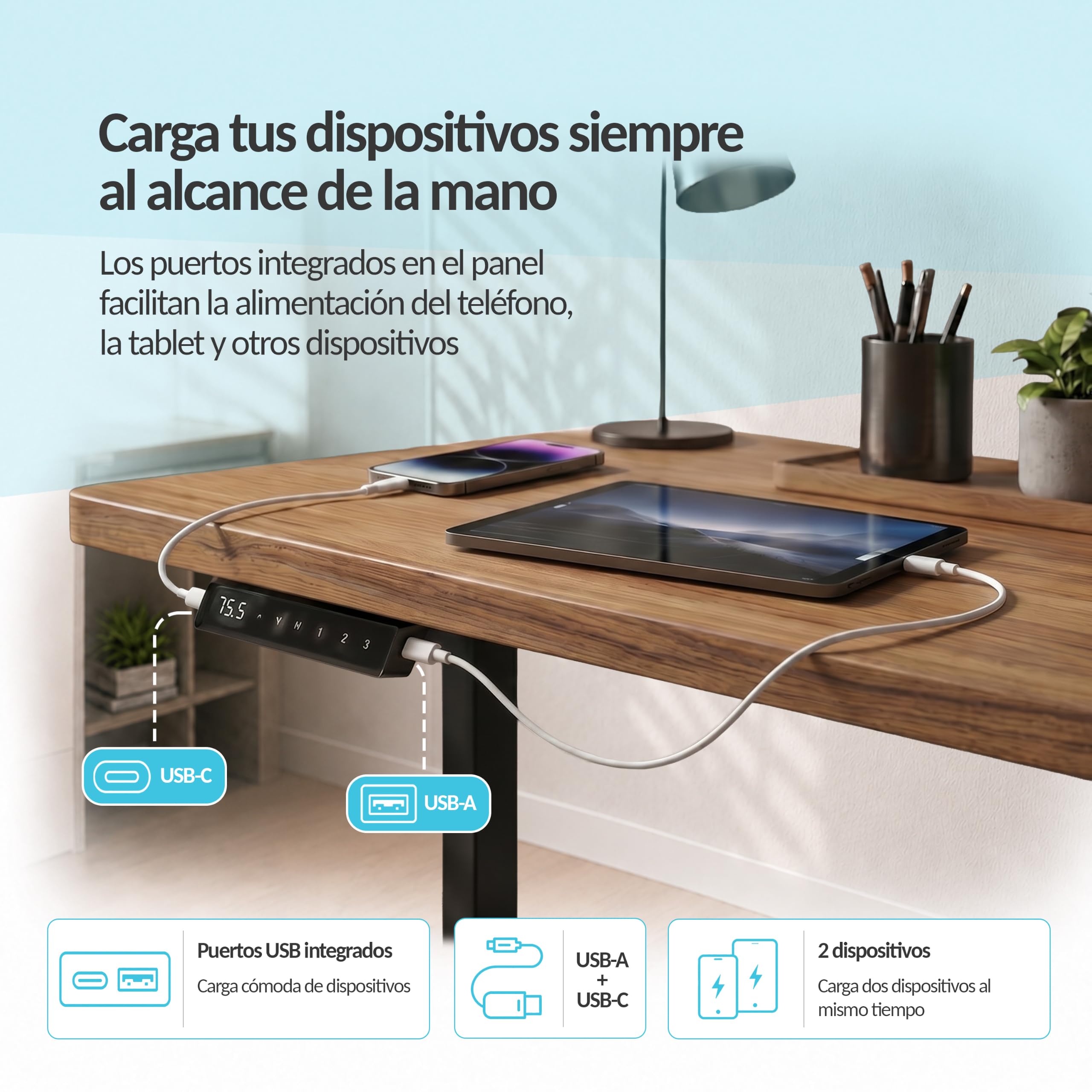 POKAR Estructura para Escritorio Elevable en L Eléctrica | Ángulo Regulable de 0 a 90°, Altura 70 a 118 cm | Panel de Memoria con USB-C y USB-A | Base para Mesa Elevable Sentado y de Pie | Blanco