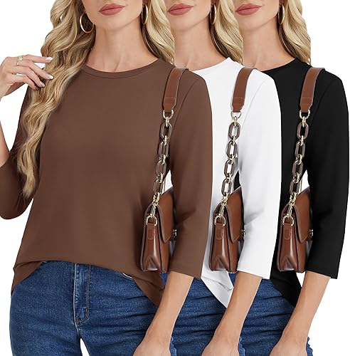 GAYHAY 3 Pack 3/4 Length Sleeve Womens Tops - Crew Neck T Shirts Casual Blouses Loose Fit Spring Summer Vacation Clothes 2026