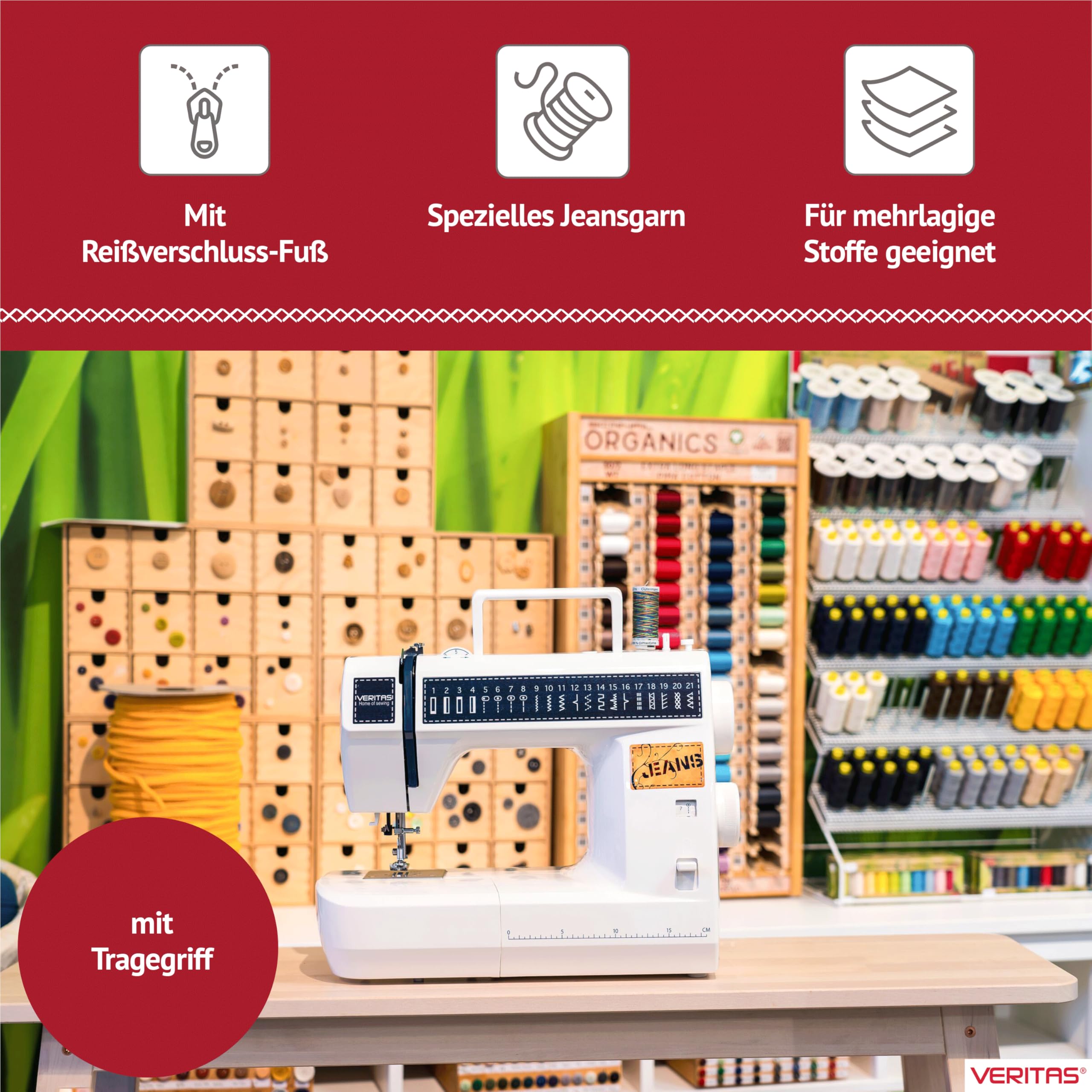 VERITAS Nähmaschine JSB21 I 21 Stichprogramme I Einfädelhilfe I Auto-Fadenspannung & Fadenabschneider I LED-Nählicht I inkl. Staubschutzhülle I Mechanische Nähmaschine (weiß)