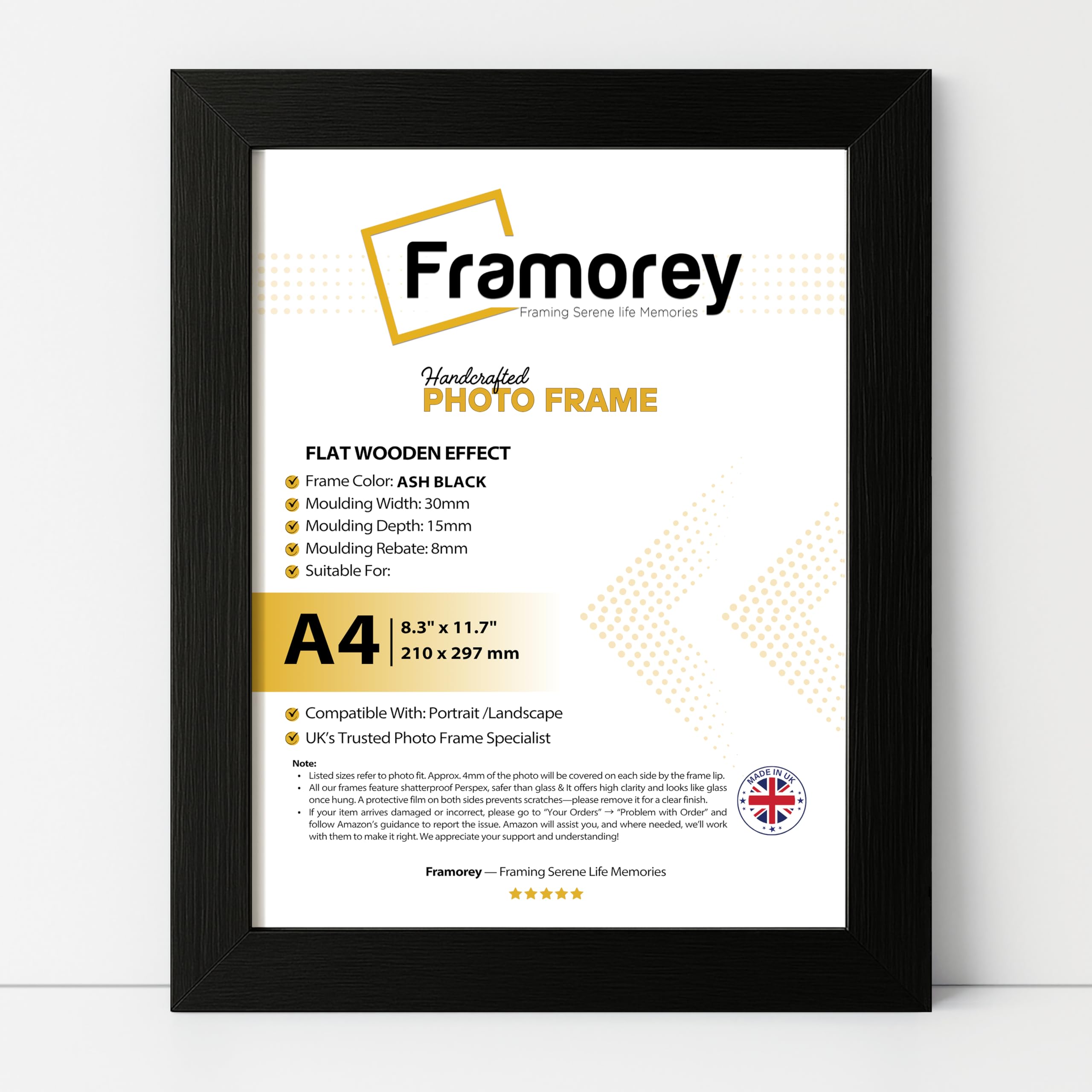 Framorey A4 Frame, Wooden A4 Picture Frame, A4 Black Picture Frames 21 X 29,7 cm, Puzzle Frames for Tabletop or Wall Hanging, A4 Certificate Frames Black, Home Decor Frame