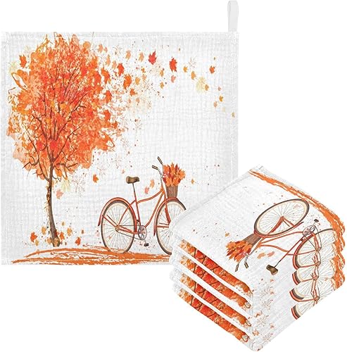 Paquete de 5 paños para eructos de árbol de arce y bicicleta para niños y niñas, paquete de 5 paños de muselina con fondo otoñal para bebé, toalla